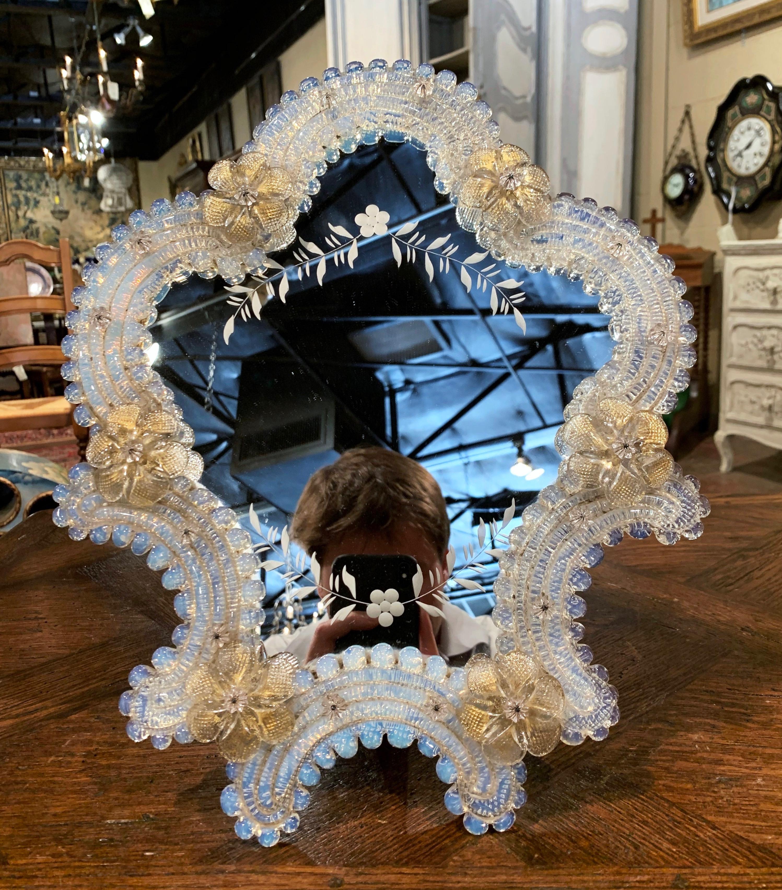 Midcentury Italian Venetian Murano Vanity Table Mirror with Floral Etching In Excellent Condition In Dallas, TX