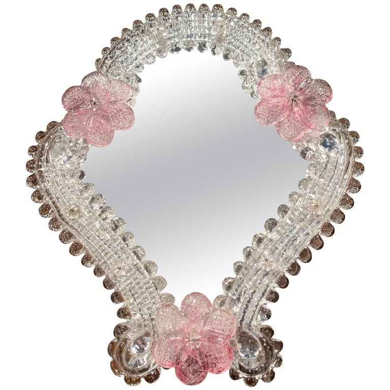 Midcentury Italian Murano Vanity Table Mirror with Floral