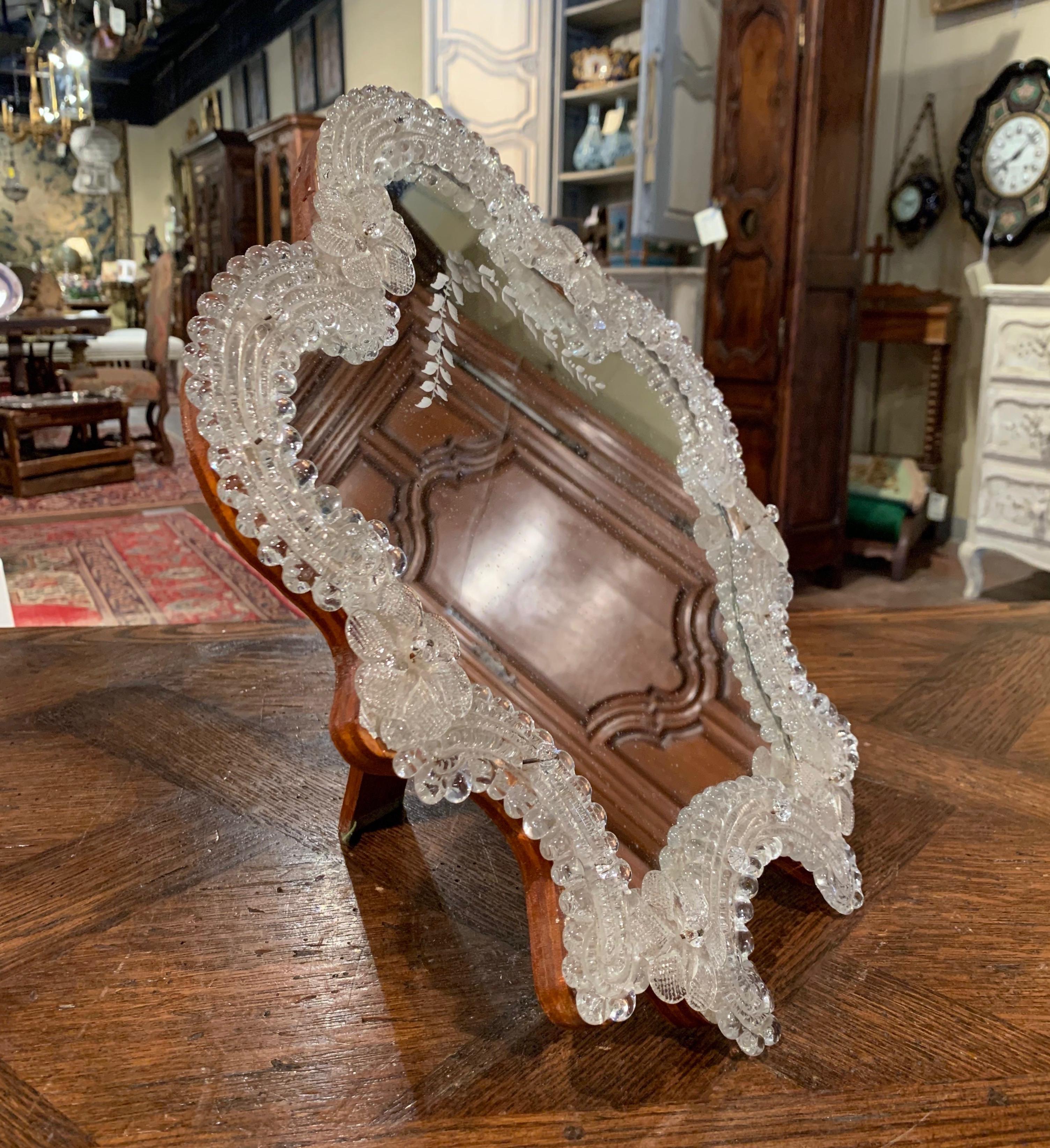 Etched Midcentury Italian Venetian Murano Vanity Table Mirror with Foliage Etching