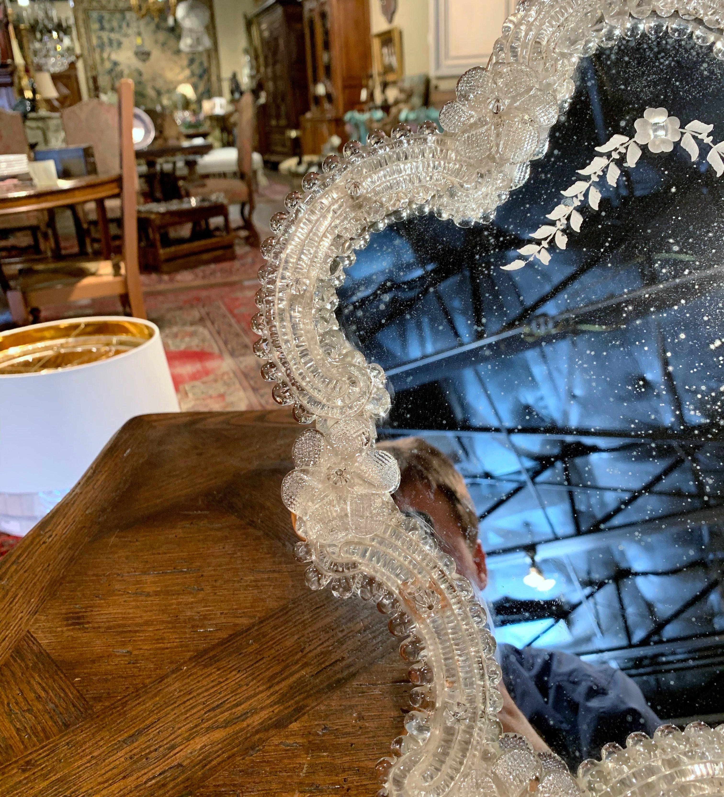 20th Century Midcentury Italian Venetian Murano Vanity Table Mirror with Foliage Etching