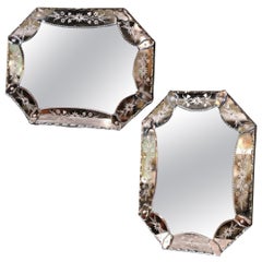Midcentury Italian Venetian Octagonal Beveled Mirror with Painted Floral Etching
