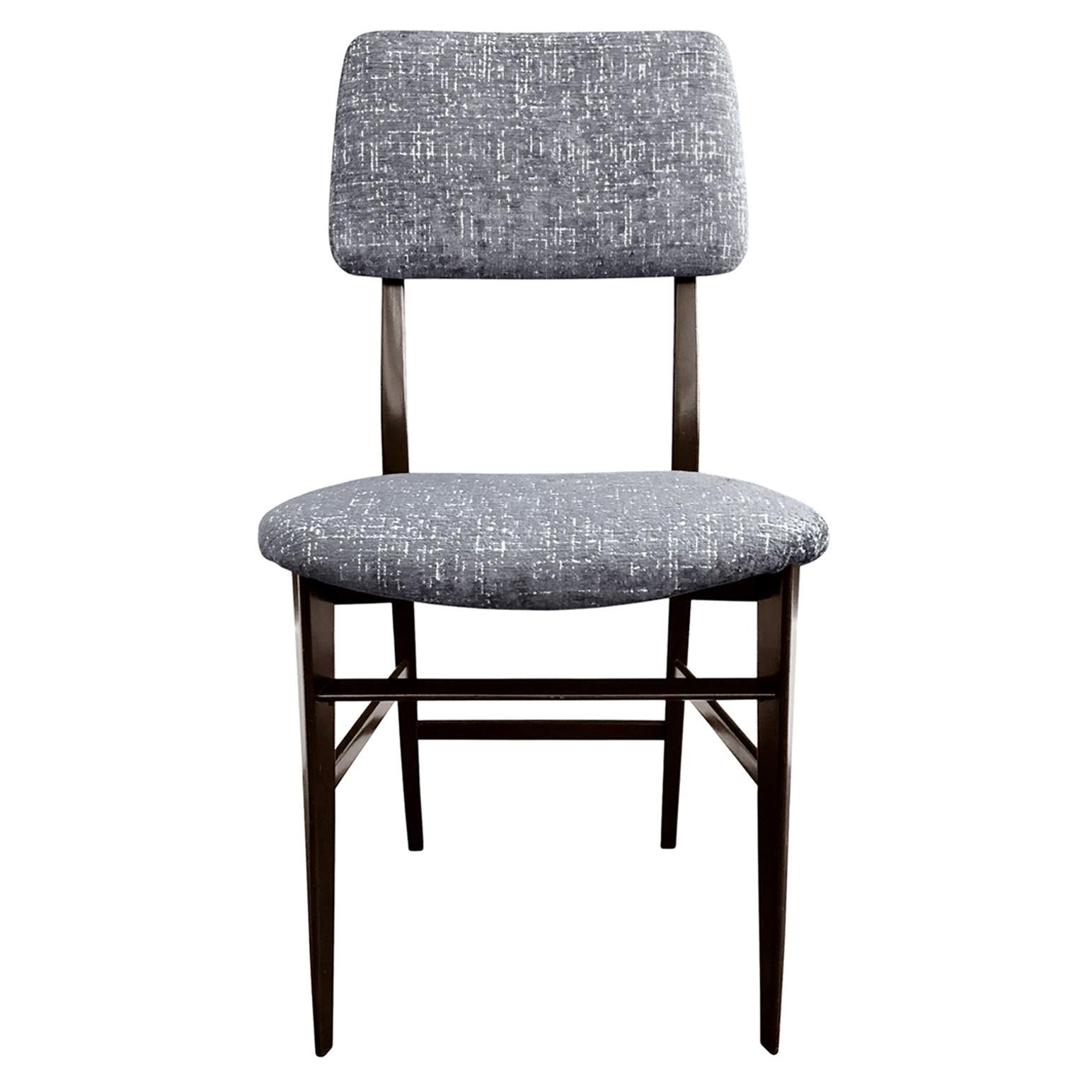 Midcentury Italian Vittorio Dassi Wood Frame Dining Chair in Steel Blue Velvet For Sale