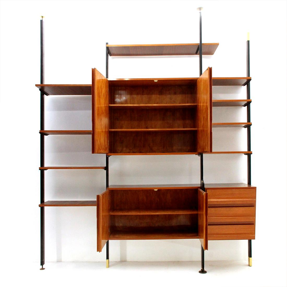 Mid-Century Modern Midcentury Italian Wall Unit in Metal Brass and Wood, 1950s