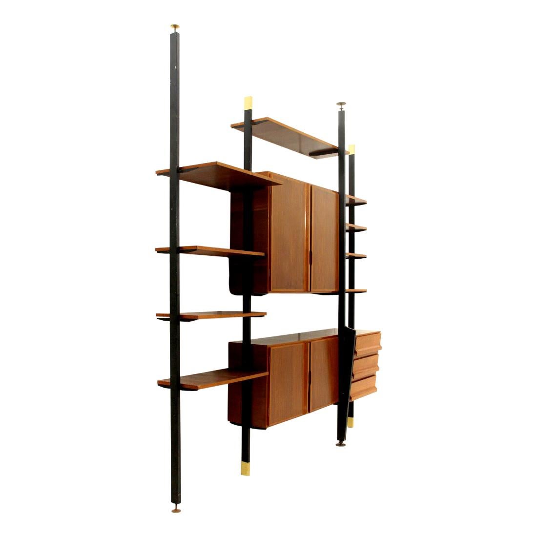 Midcentury Italian Wall Unit in Metal Brass and Wood, 1950s