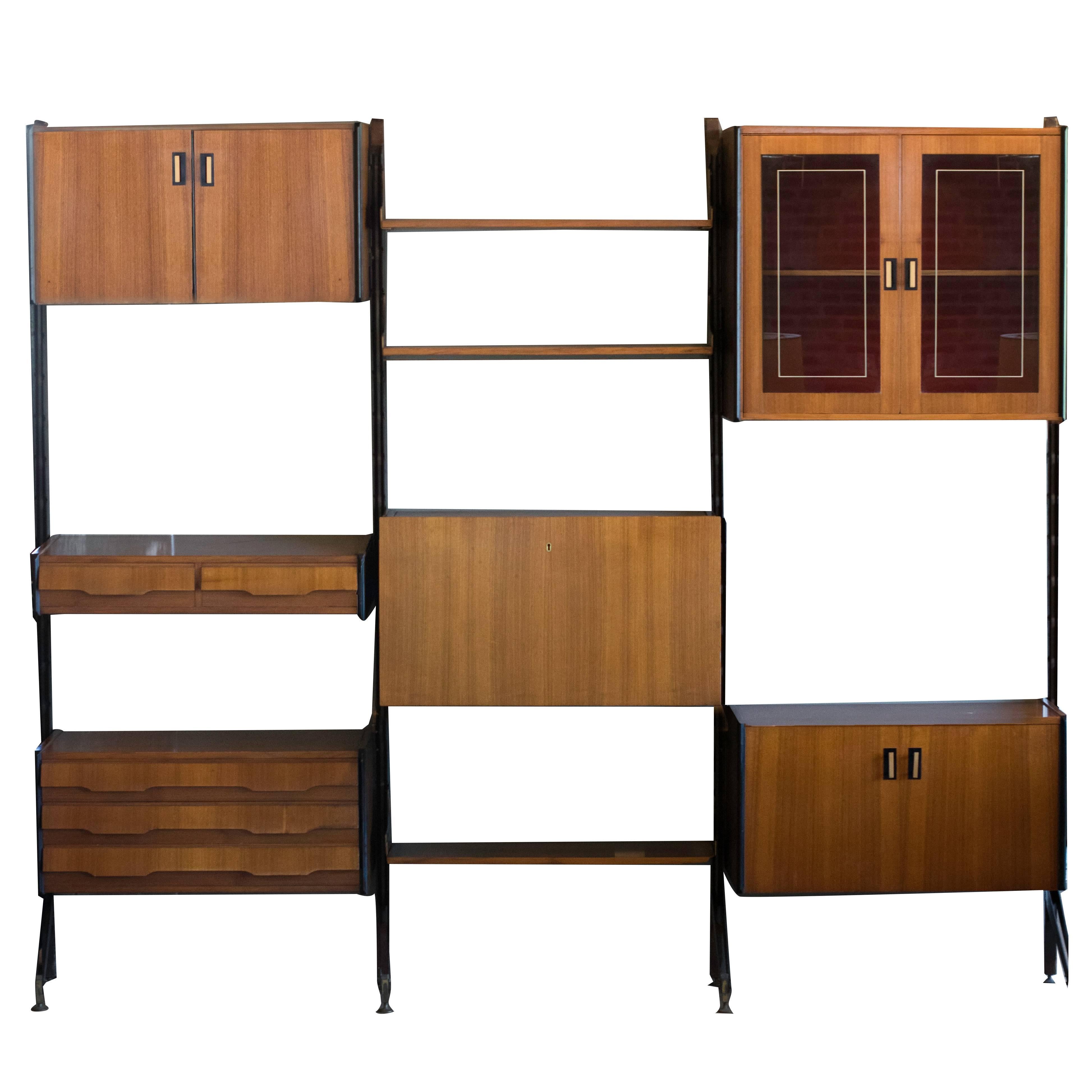 Midcentury Italian Wall Unit with Adjustable Teak Shelves and Cases