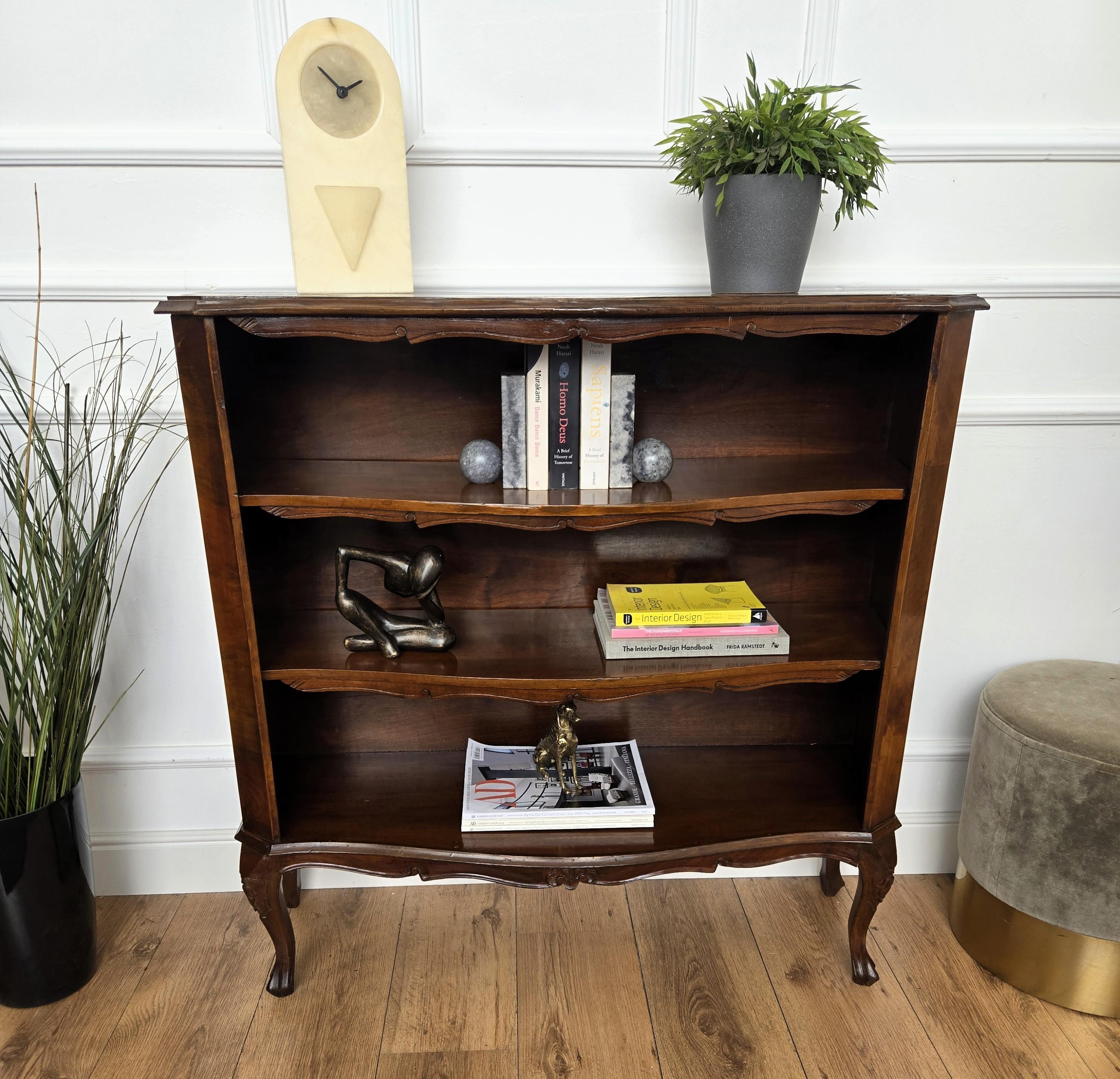 Mid-Century Modern Midcentury Italian Walnut Burl Wood Three Shelves Open Bookcase Library For Sale