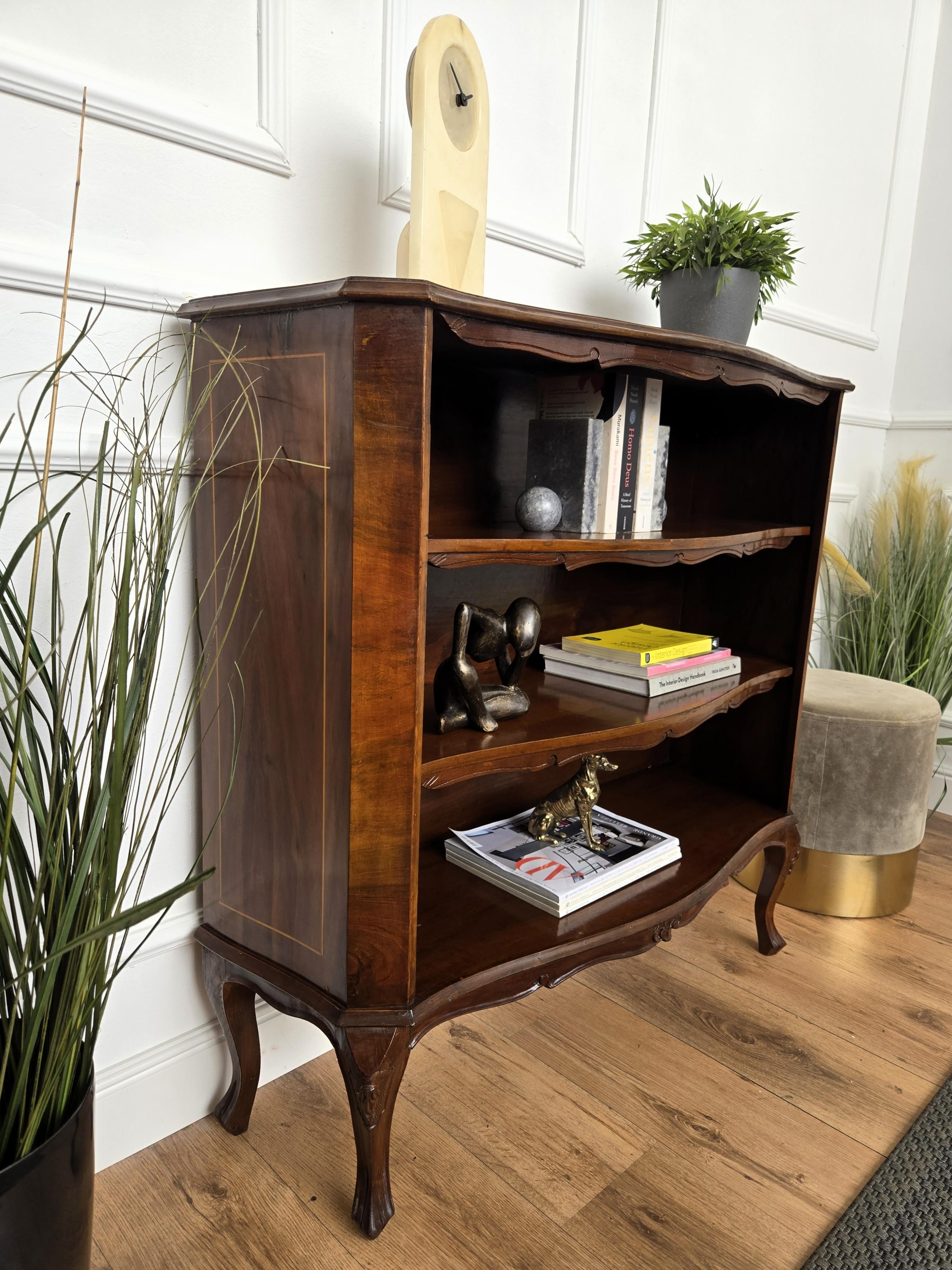 20th Century Midcentury Italian Walnut Burl Wood Three Shelves Open Bookcase Library For Sale