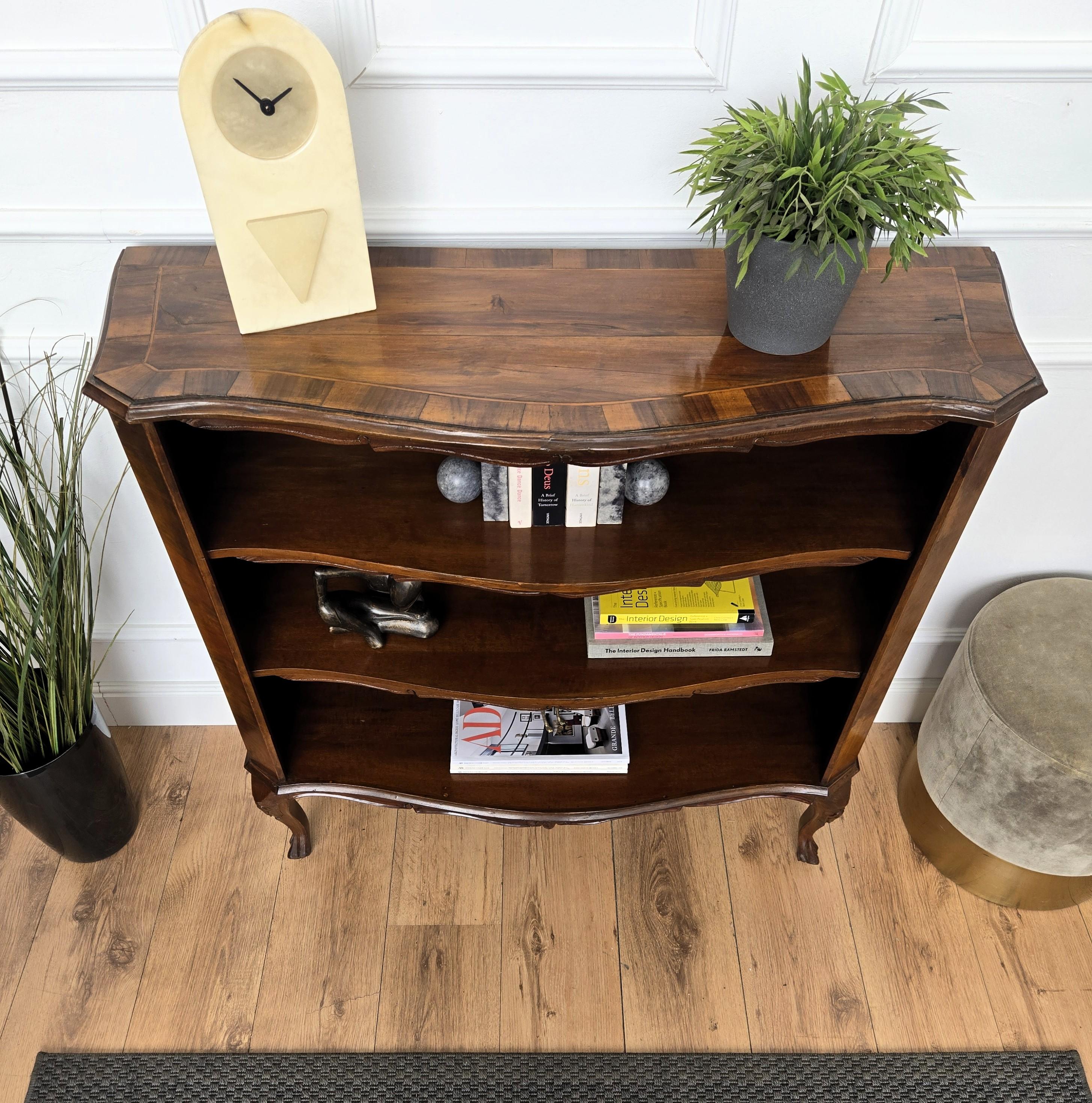 Midcentury Italian Walnut Burl Wood Three Shelves Open Bookcase Library For Sale 1
