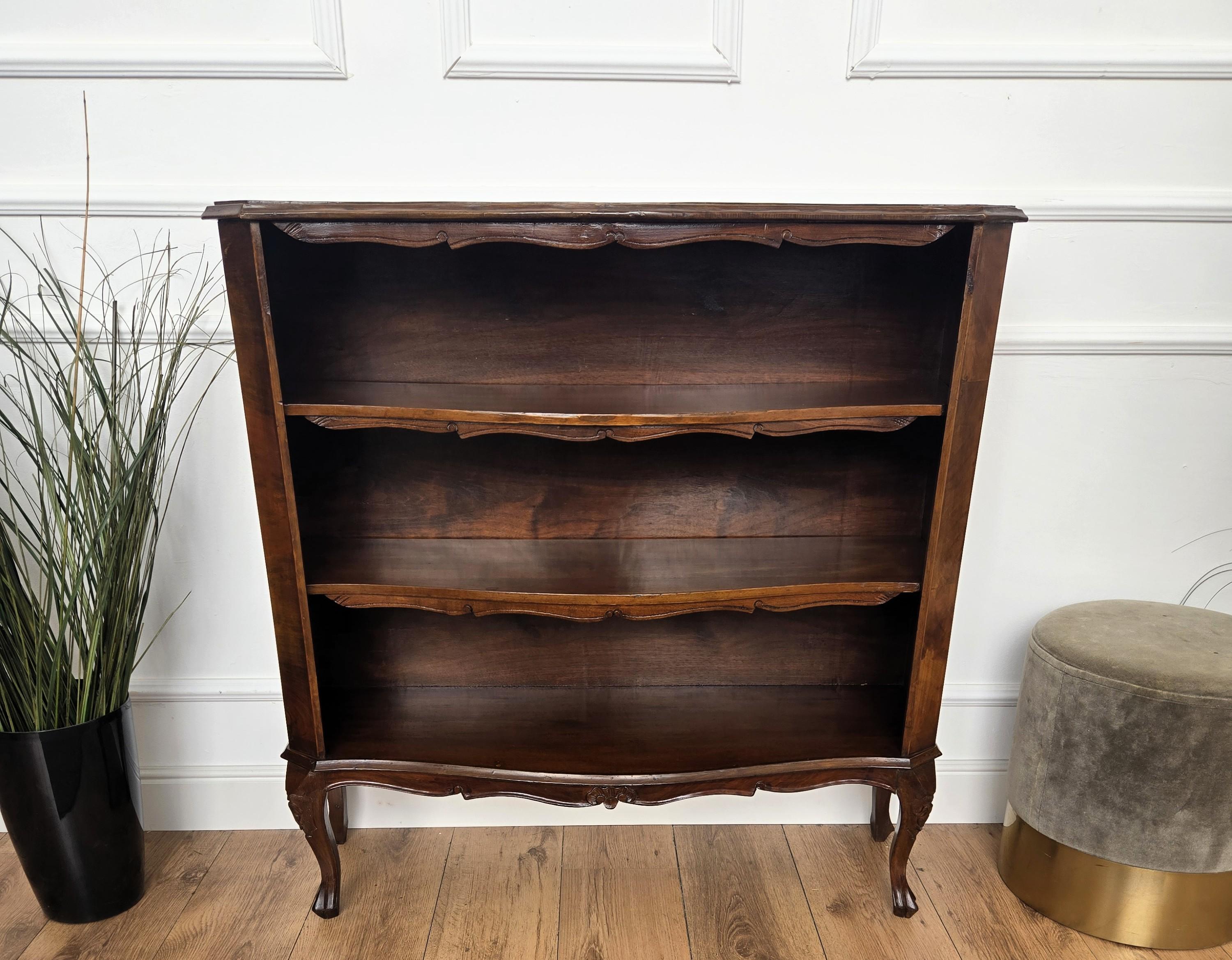 Midcentury Italian Walnut Burl Wood Three Shelves Open Bookcase Library For Sale 4