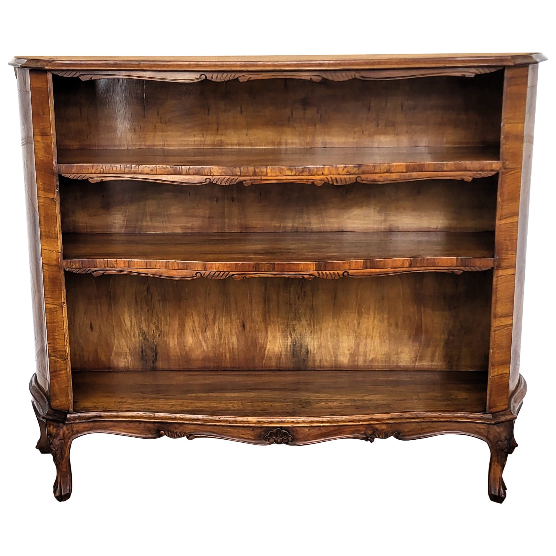Midcentury Italian Walnut Burl Wood Three Shelves Open Bookcase Library
