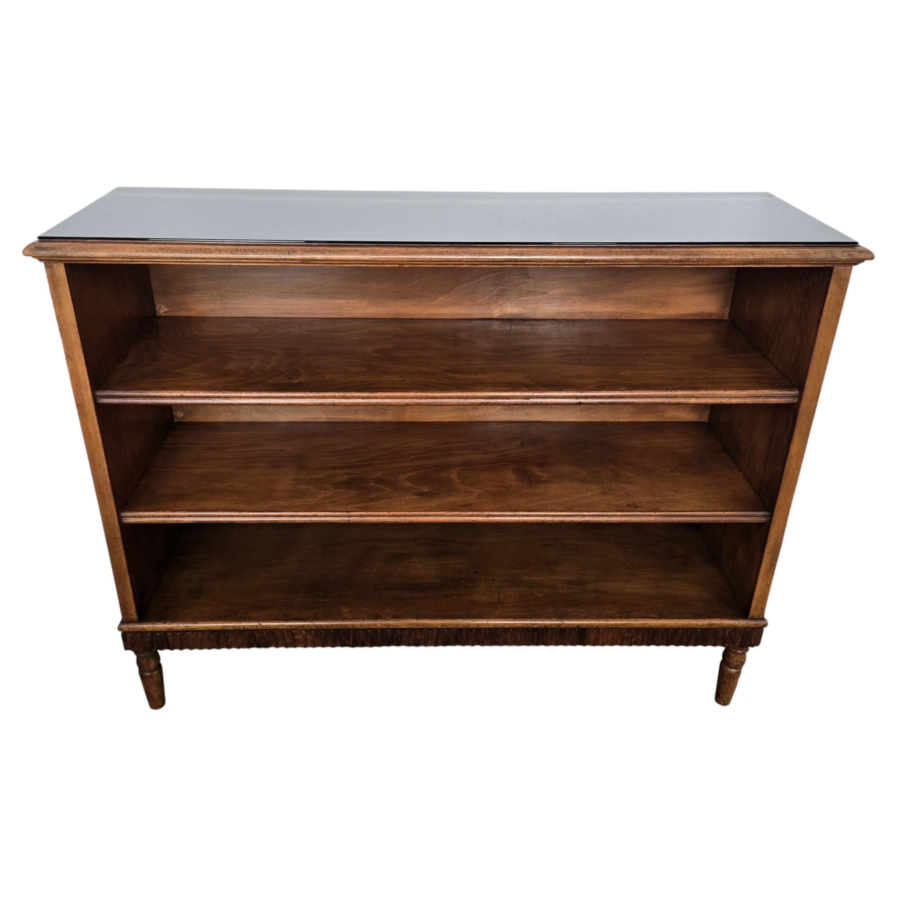Midcentury Italian Walnut Burl Wood Three Shelves Open Bookcase Library