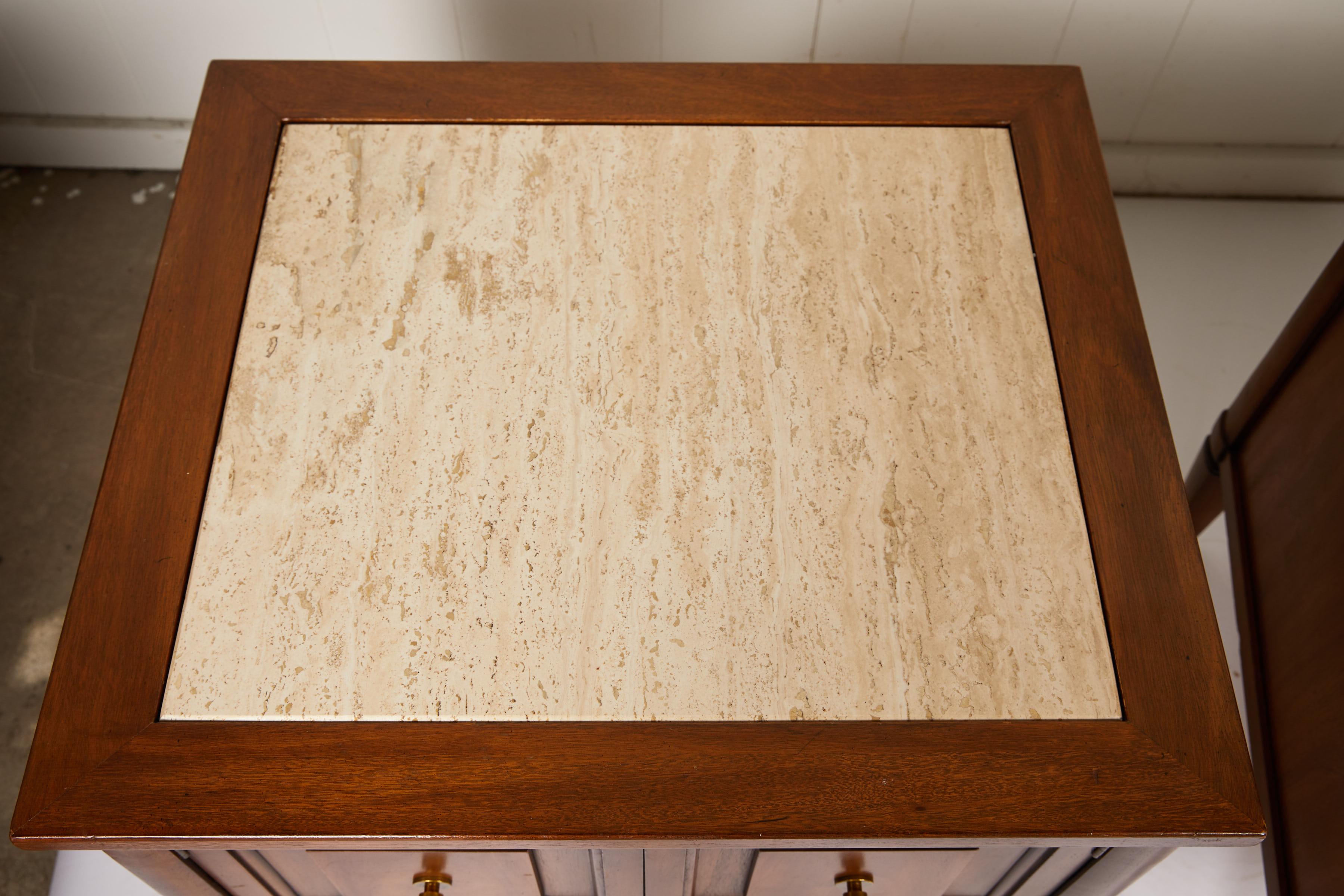 Midcentury Italian Walnut End Tables Inset with Travertine Tops 4