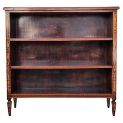 Midcentury Italian Walnut Inlay Marquetry Three Shelves Open Bookcase Library