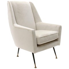 Midcentury Italian White Cream Velvet Armchair, 1950s