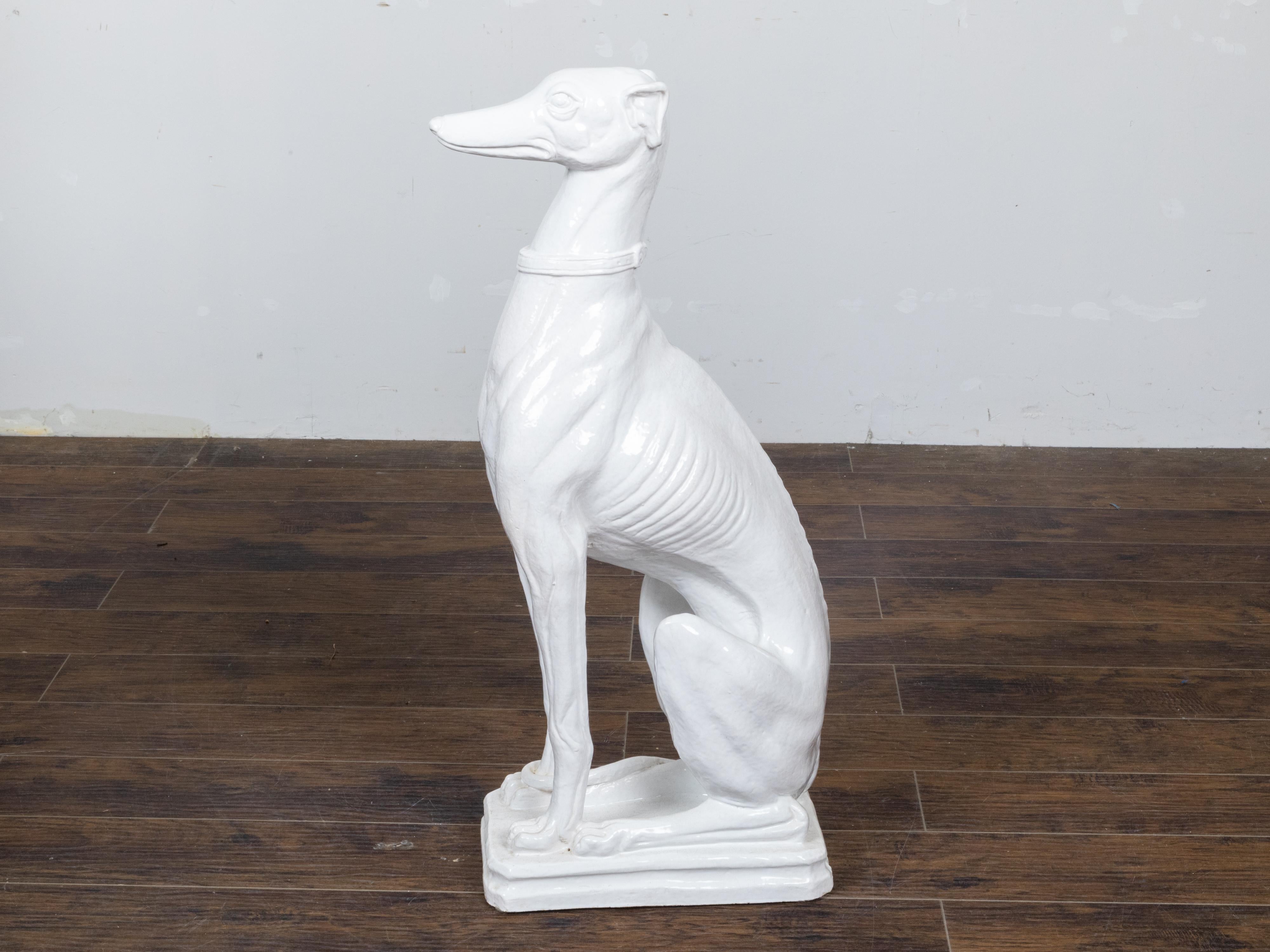 Mid-Century Modern Midcentury Italian White Porcelain Sculpture of a Calm, Sitting Greyhound For Sale