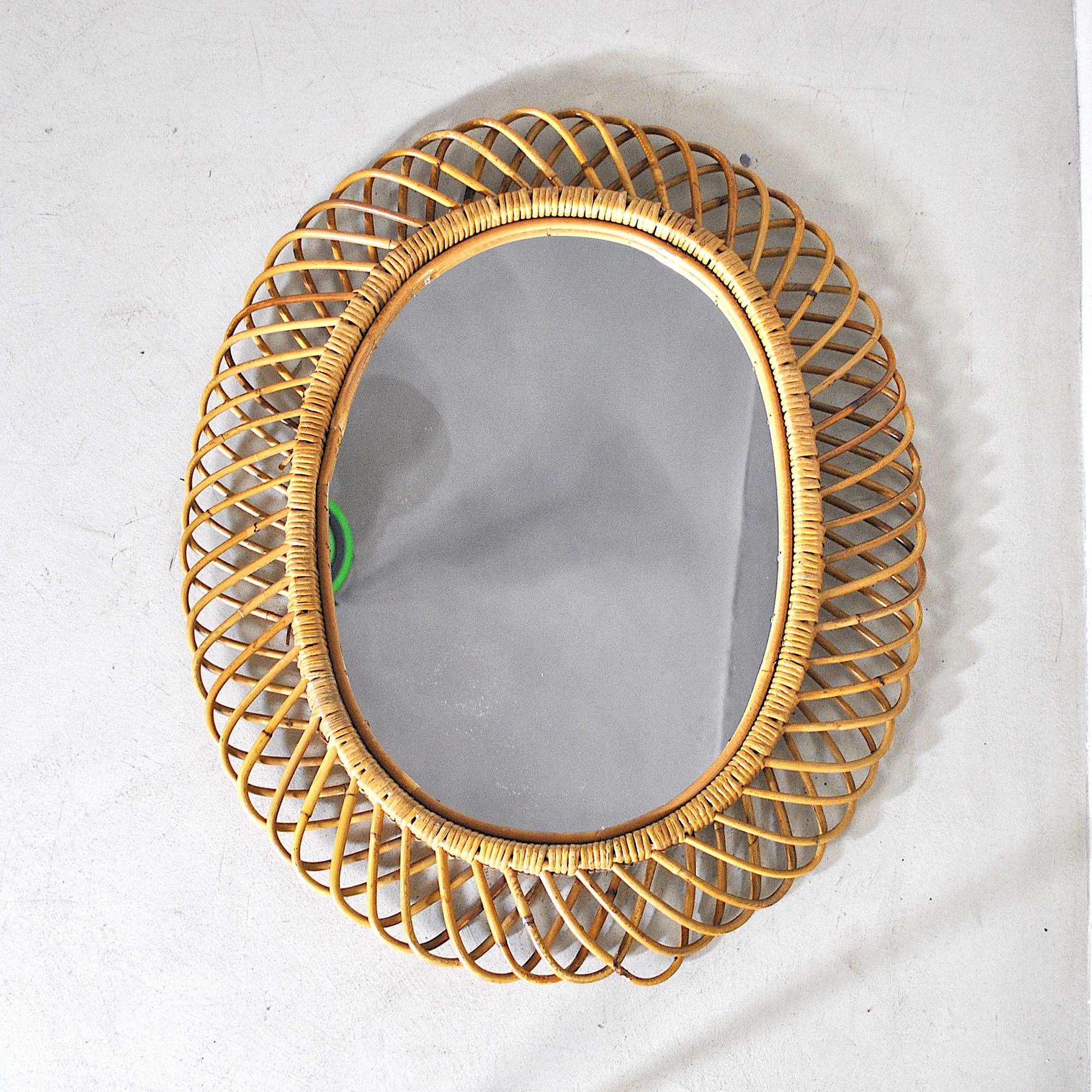 Midcentury Italian Wicker Mirror in the Style of Franco Albini, 1950s 4