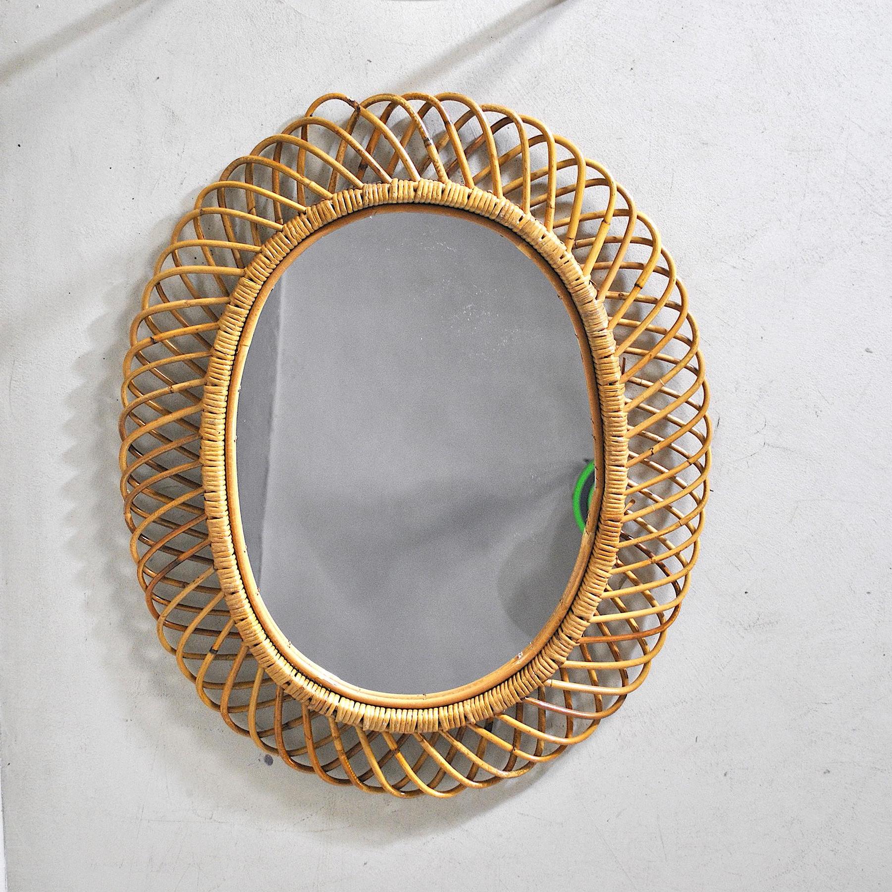 Midcentury Italian Wicker Mirror in the Style of Franco Albini, 1950s 5