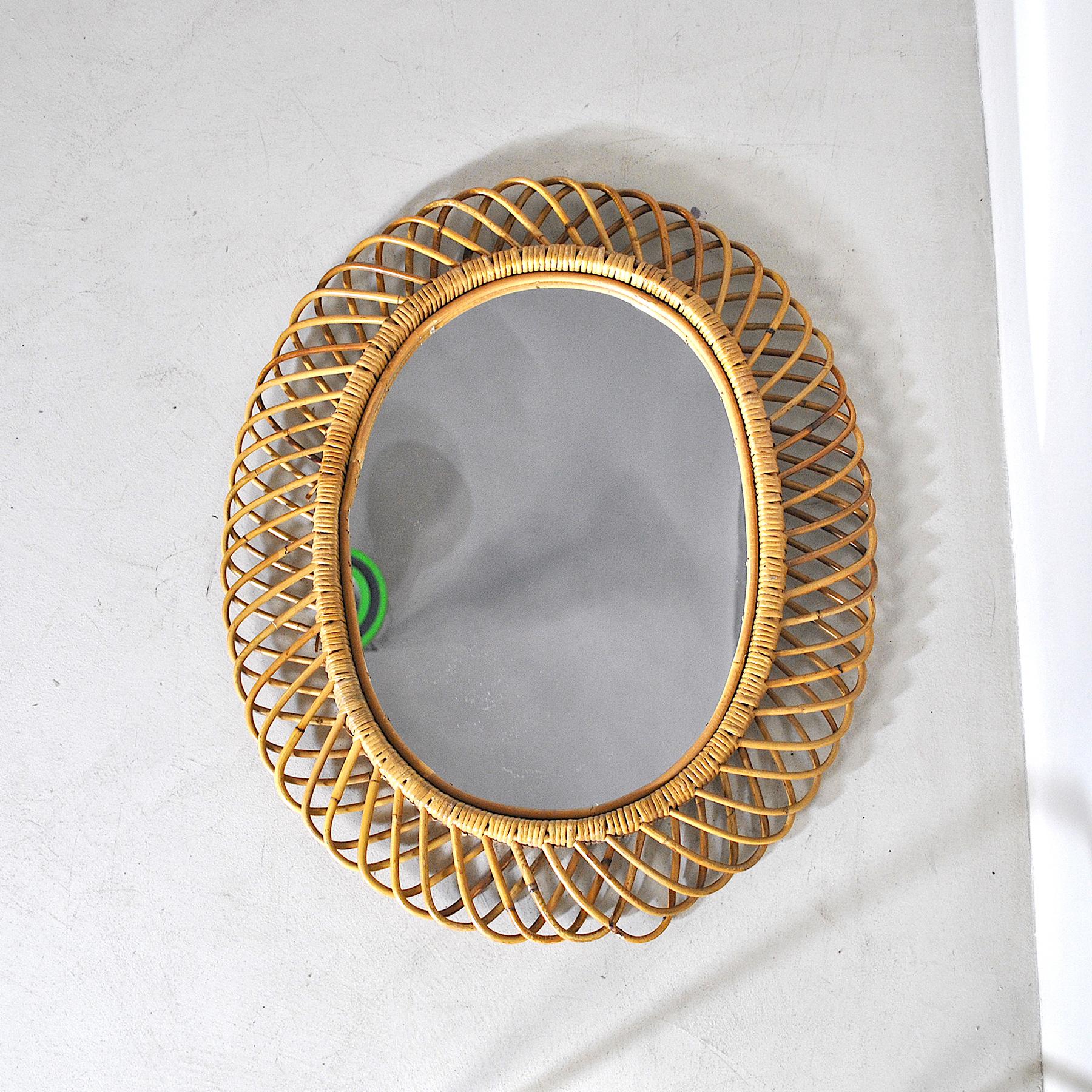 Midcentury Italian Wicker Mirror in the Style of Franco Albini, 1950s 3