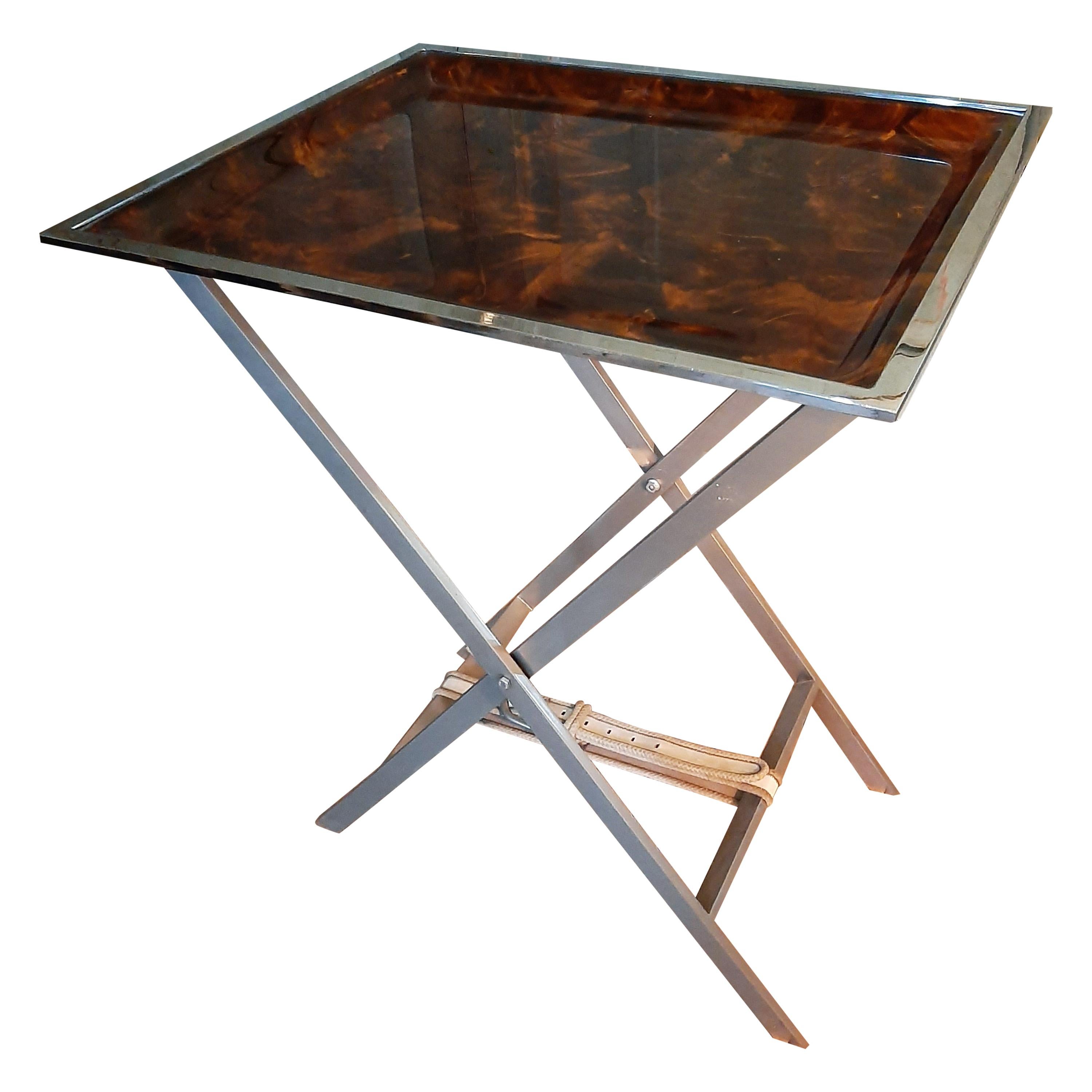 Midcentury Italian Willy Rizzo Faux Tortoisshell Cross Leg Tray Table For Sale