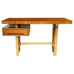 Midcentury Italian Wood Desk with Floating Drawer and Curvy Brass Base