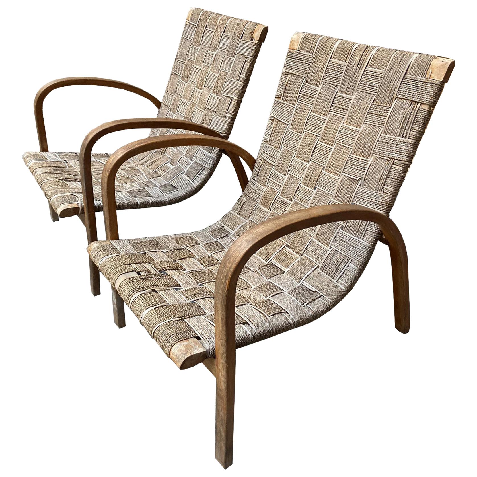 Midcentury Italian Woven Fabric Lounge Chairs, 1940s, Set of 2