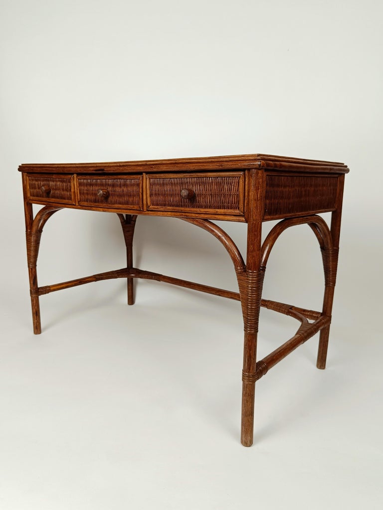 Midcentury Italian Writing Desk with Drawers and Chair, in Bamboo Cane