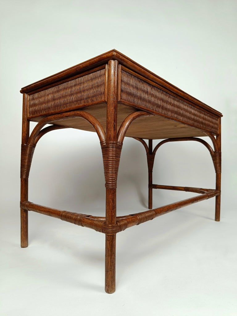 Midcentury Italian Writing Desk with Drawers and Chair, in Bamboo Cane