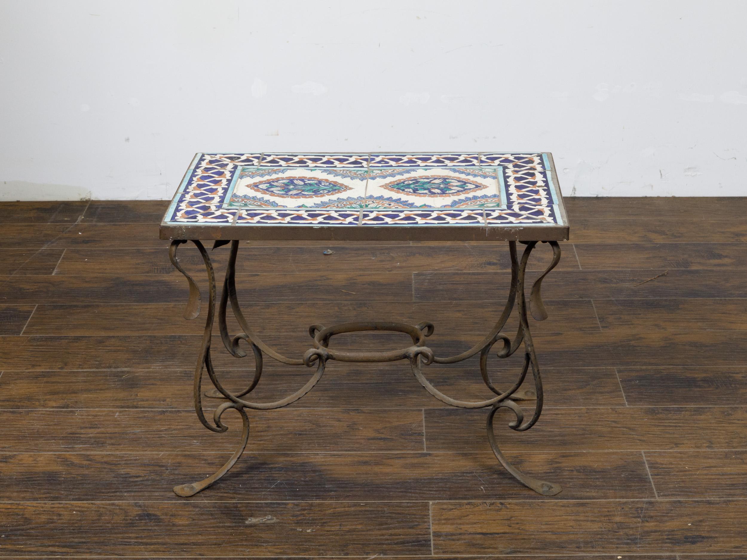 Midcentury Italian Wrought-Iron Coffee Table with Tile Top and Scrolling Base For Sale 6
