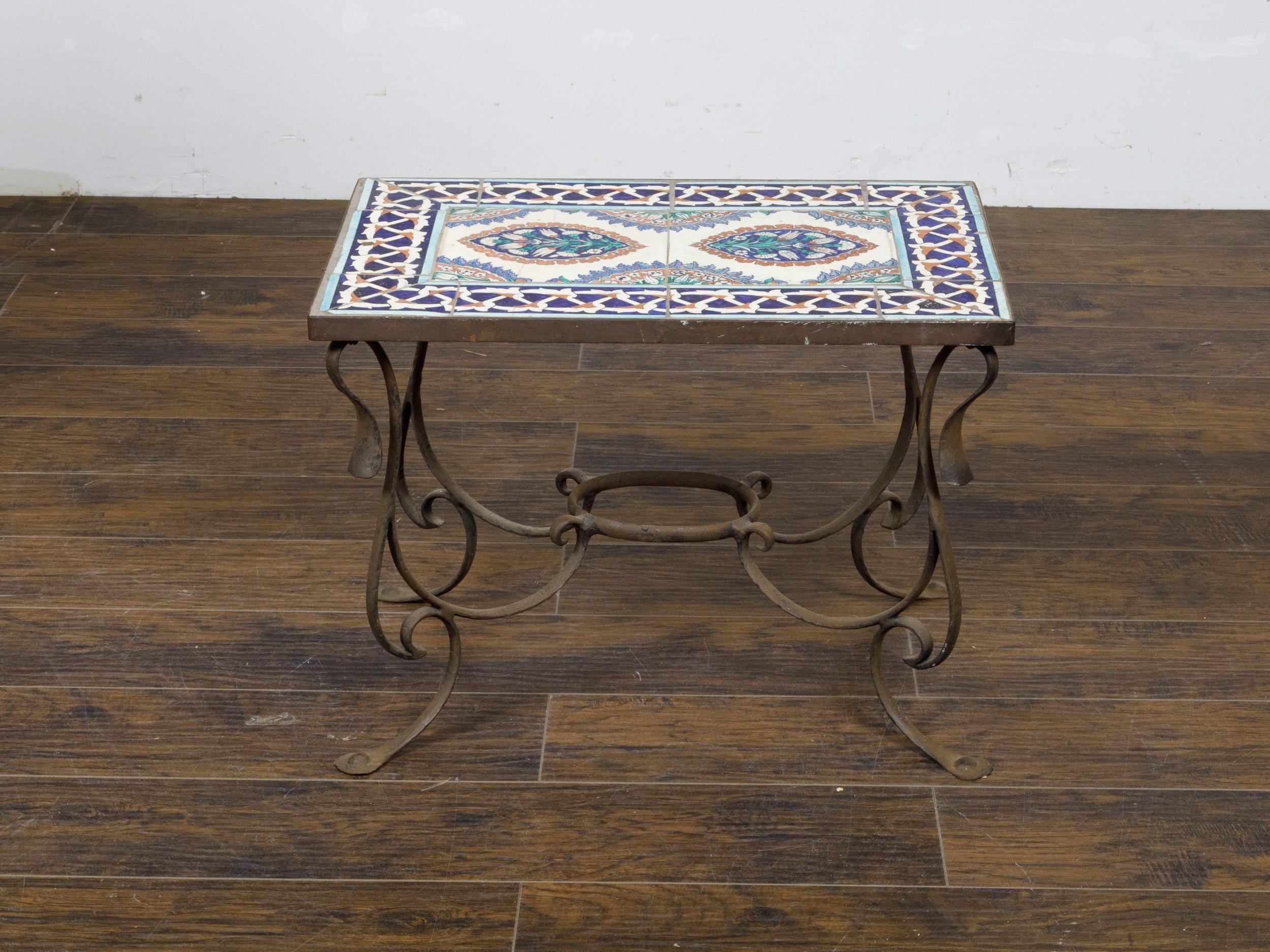 20th Century Midcentury Italian Wrought-Iron Coffee Table with Tile Top and Scrolling Base For Sale