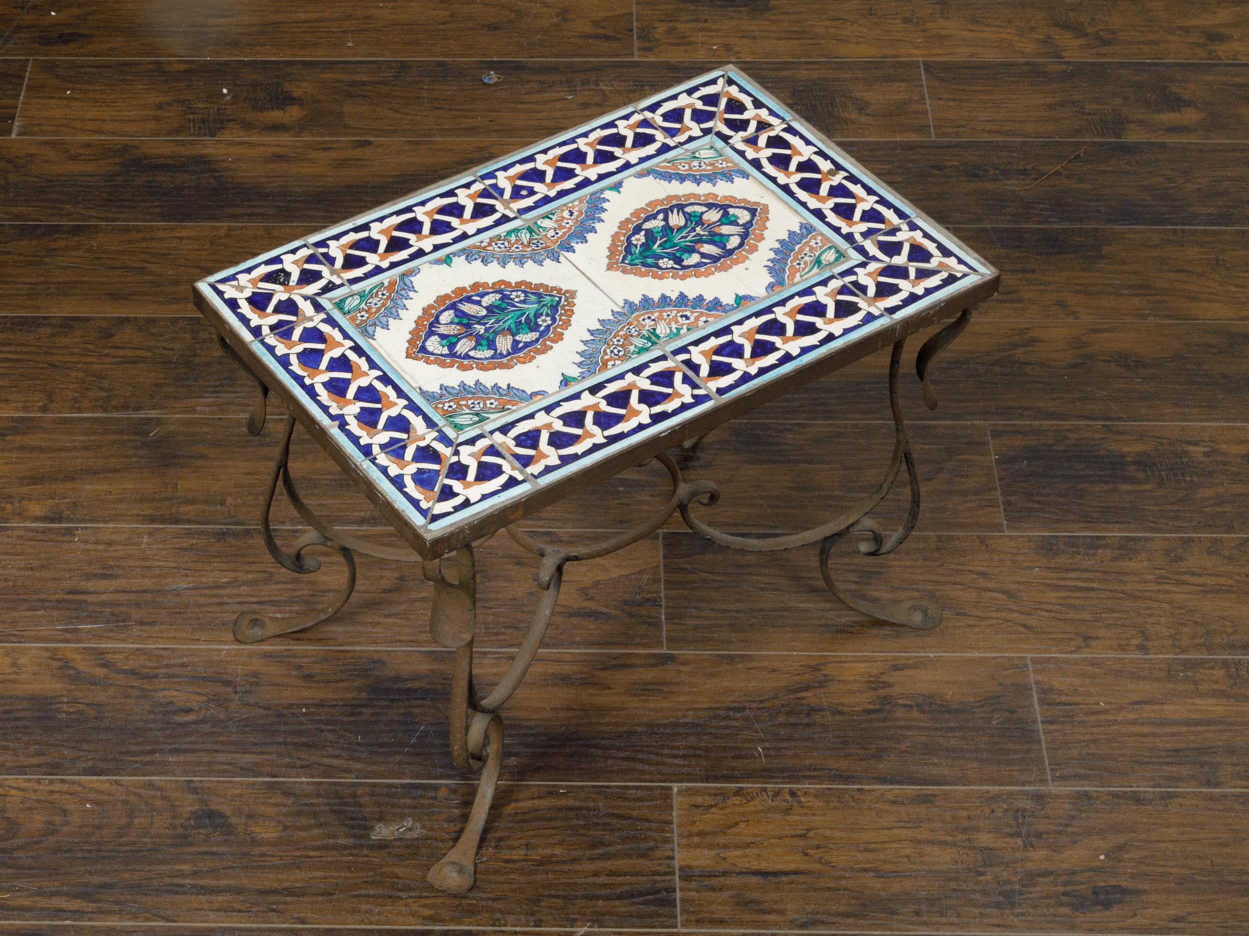 Midcentury Italian Wrought-Iron Coffee Table with Tile Top and Scrolling Base For Sale 1