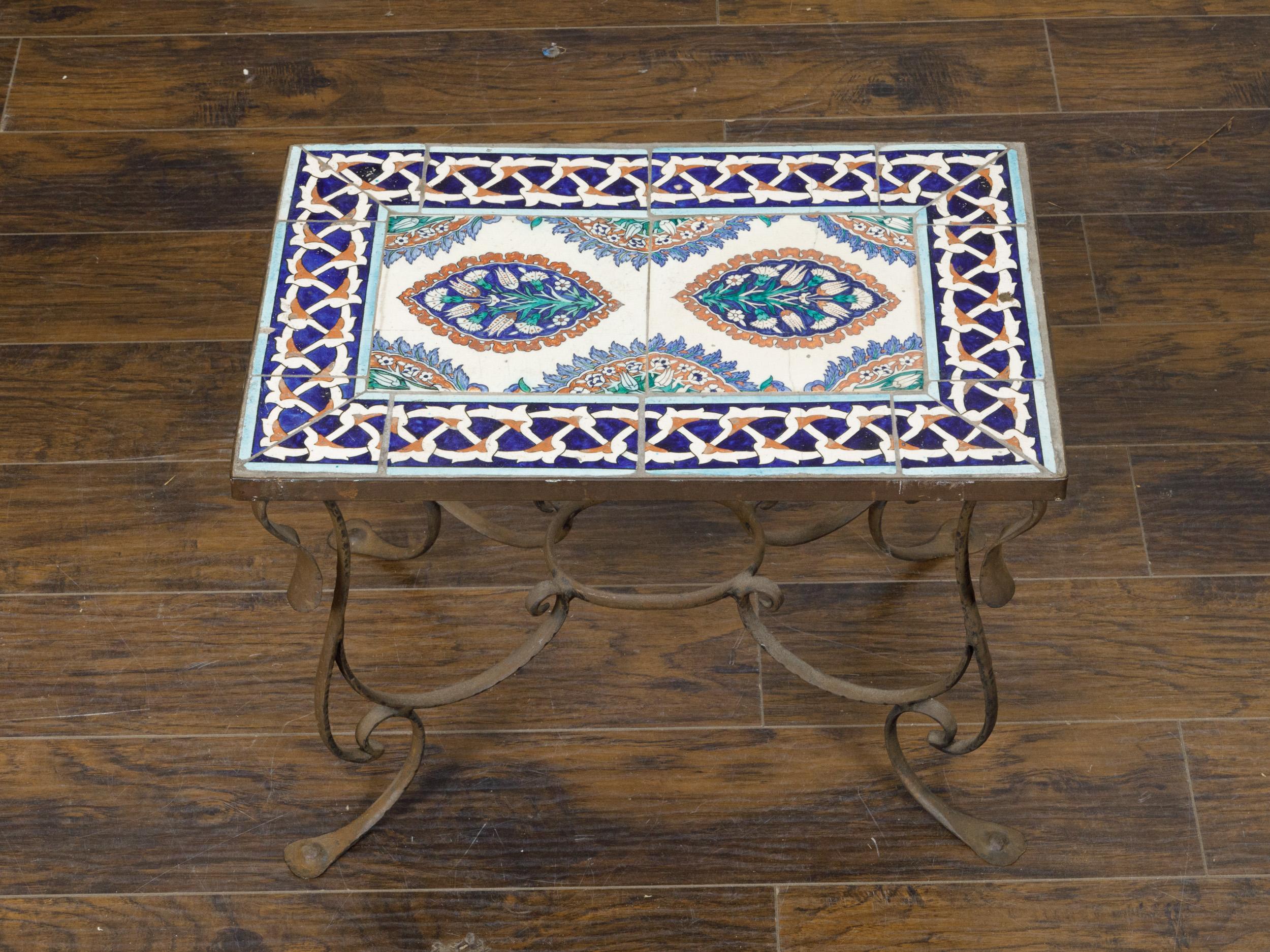 Midcentury Italian Wrought-Iron Coffee Table with Tile Top and Scrolling Base For Sale 2