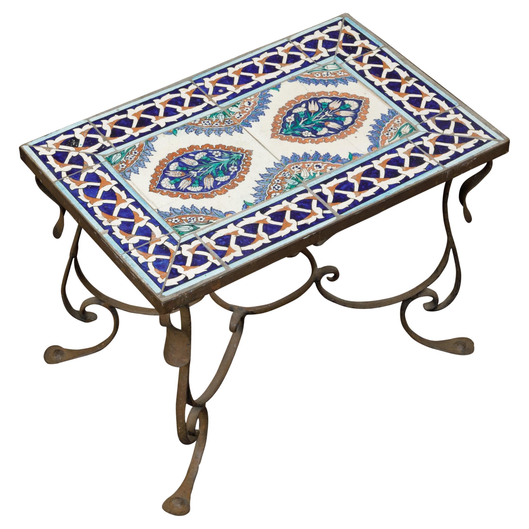 Midcentury Italian Wrought-Iron Coffee Table with Tile Top and Scrolling Base For Sale
