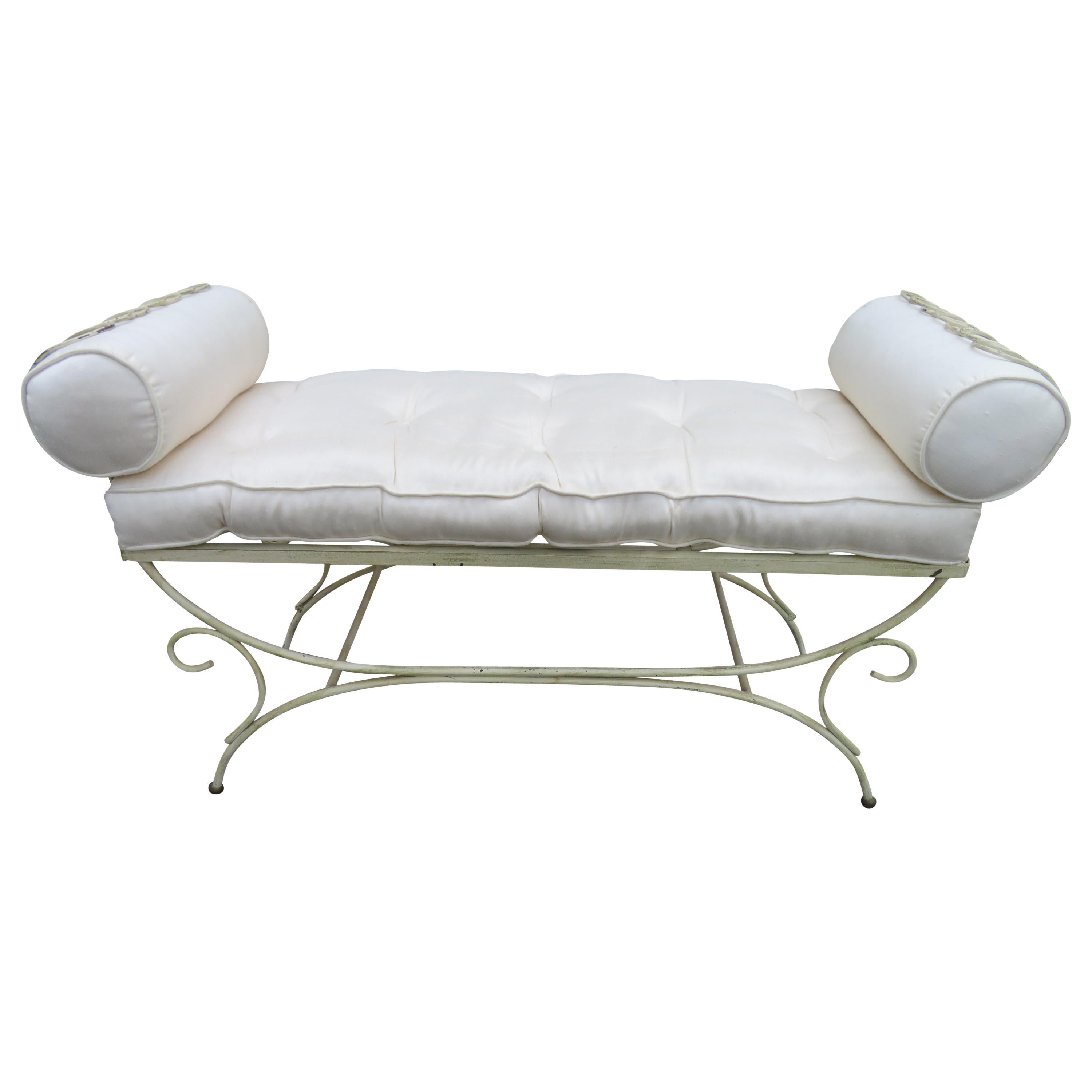Midcentury Italian Wrought Iron Scroll Arm Bench