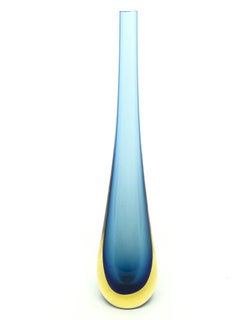 Midcentury Italian Yellow and Blue Single Flower Sommerso Murano Glass Vase