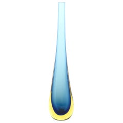Midcentury Italian Yellow and Blue Single Flower Sommerso Murano Glass Vase