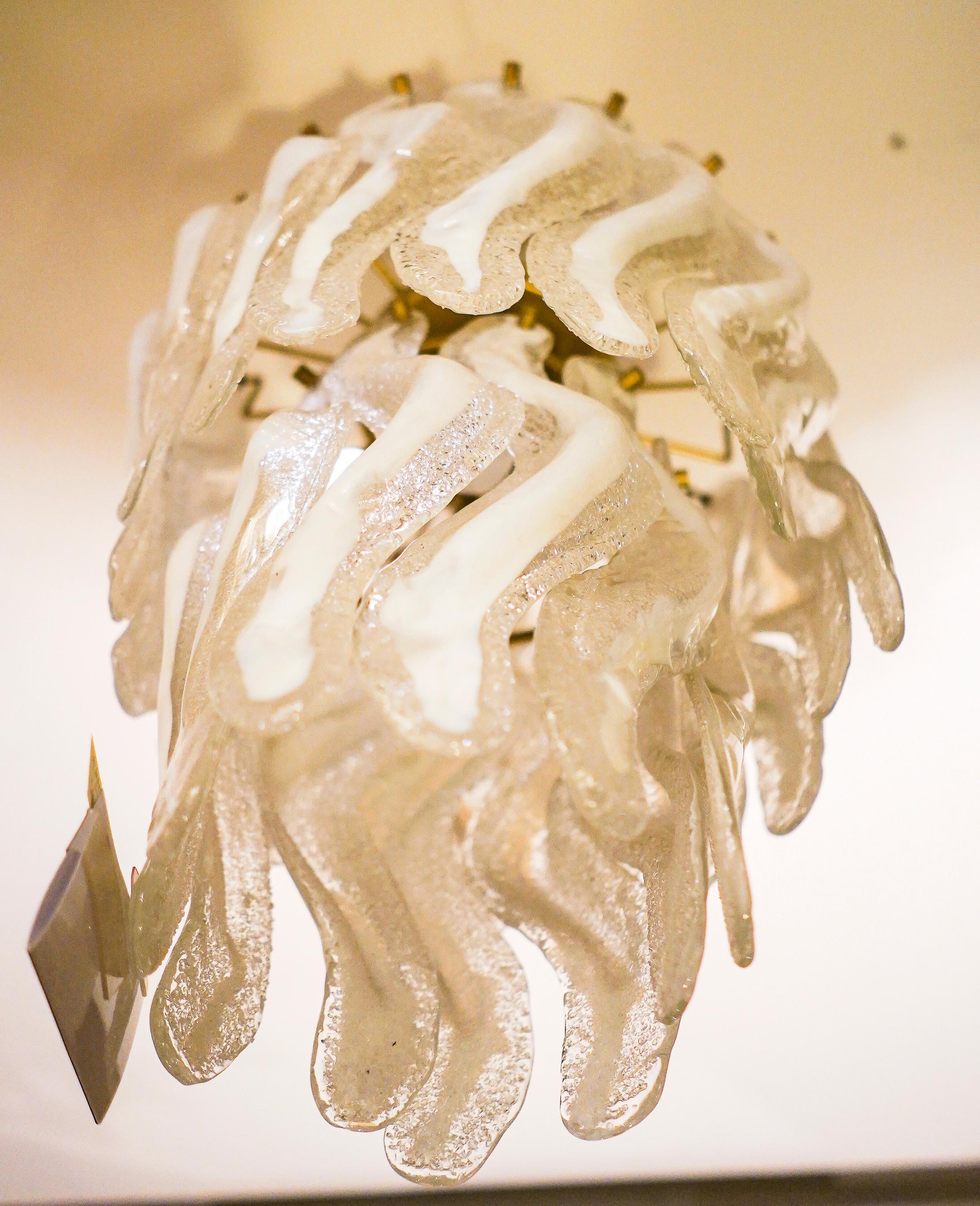 Mid-Century Modern Midcentury Italy Mazzena Murano White Crystal Chandelier, Frozen Effect