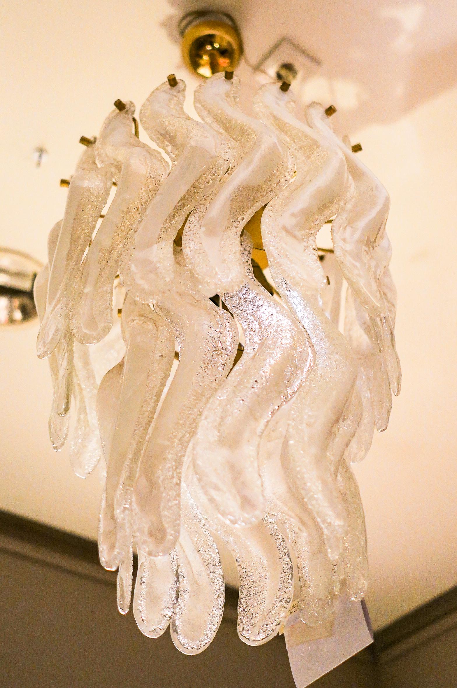Italian Midcentury Italy Mazzena Murano White Crystal Chandelier, Frozen Effect