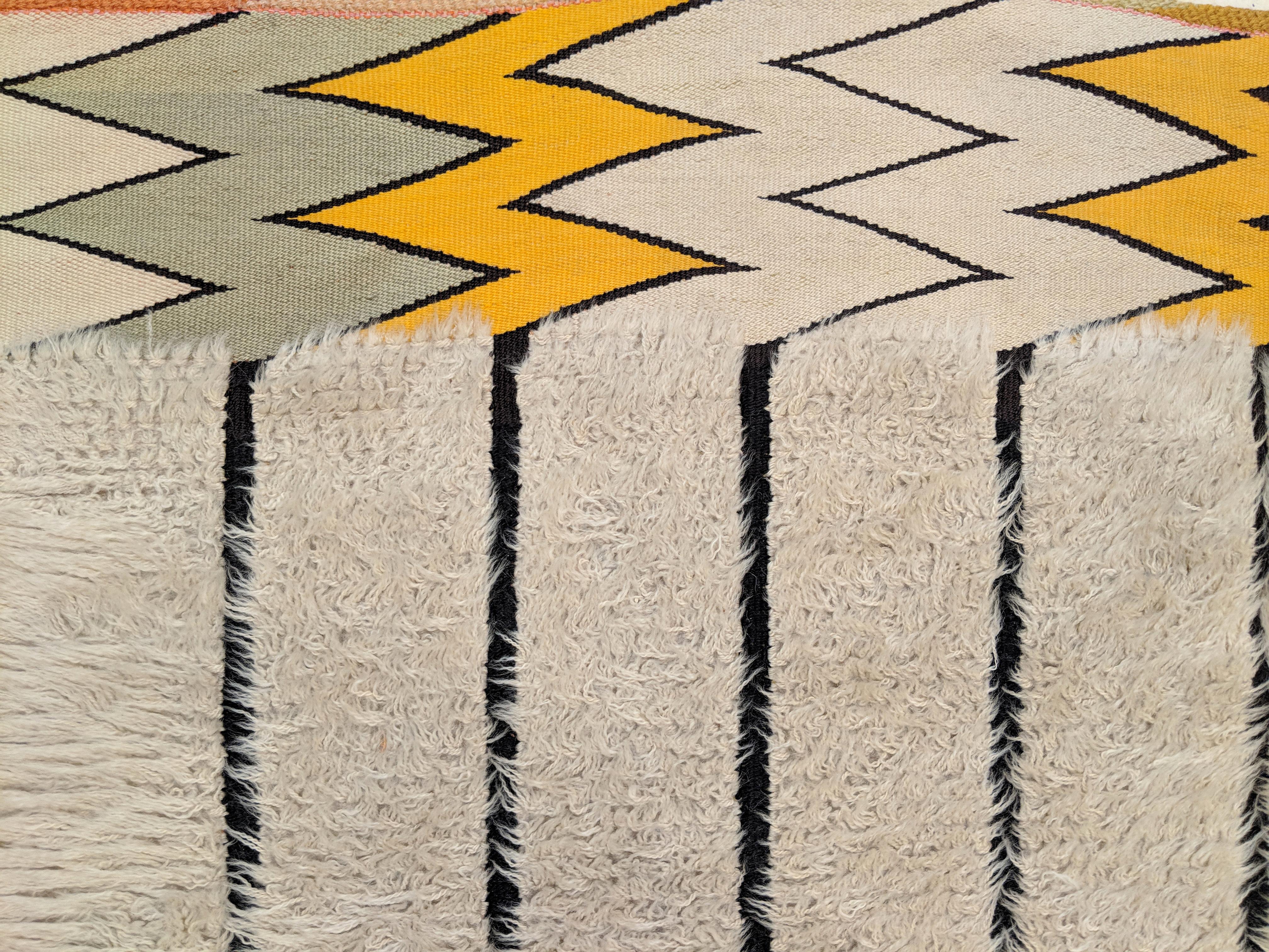 A very unusual Swedish pile rug with colour and design reminiscent of Beni Ouarain Berber rugs, indicating that Moroccan carpets were influencing Scandinavian Modern design quite early on. Here the pattern of black parallel lines on an ivory