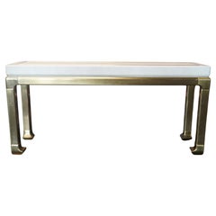 Vintage MidCentury Ivory Leather Console Table on Brass Legs Attributed to Mastercraft