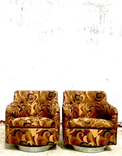 Midcentury Jacquard Swirl Rocker Swivel Chairs After Thayer Coggins