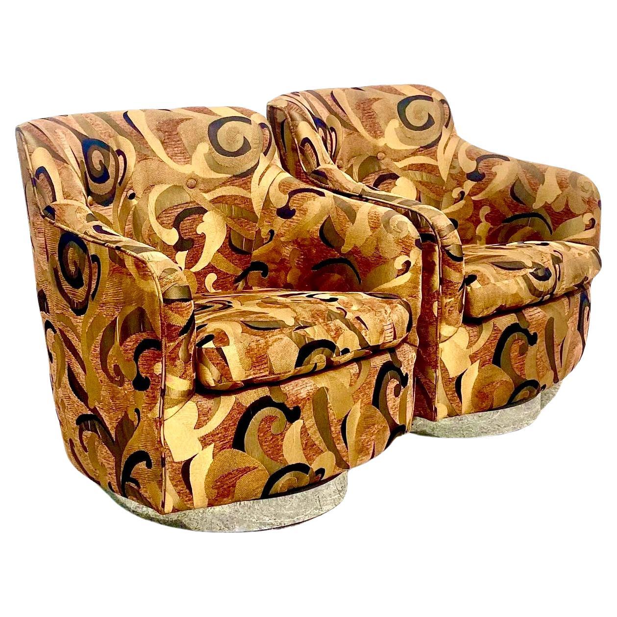 Midcentury Jacquard Swirl Rocker Swivel Chairs After Thayer Coggins