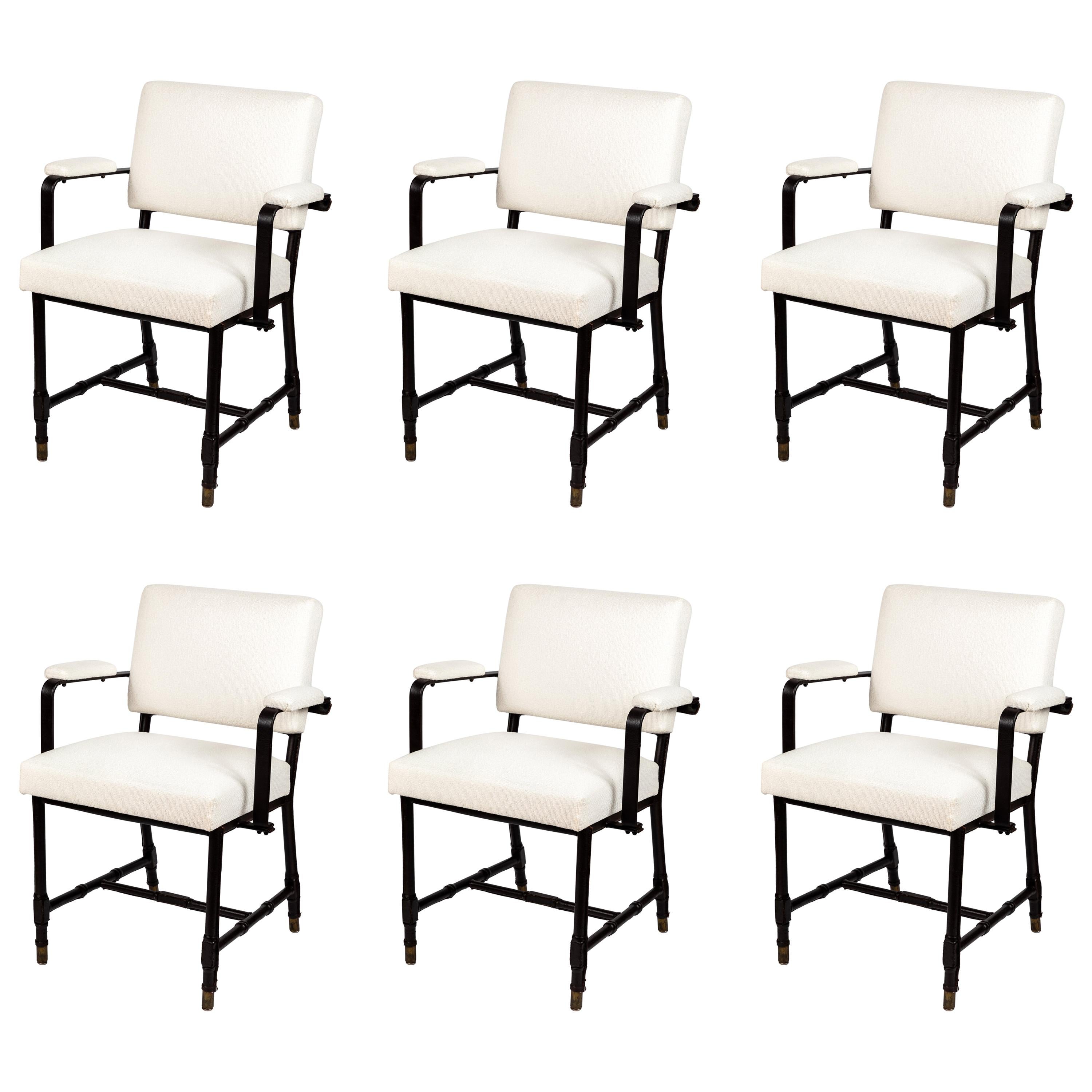 Midcentury Jacques Adnet White Bouclé and Leatherette Armchairs, Set of 6