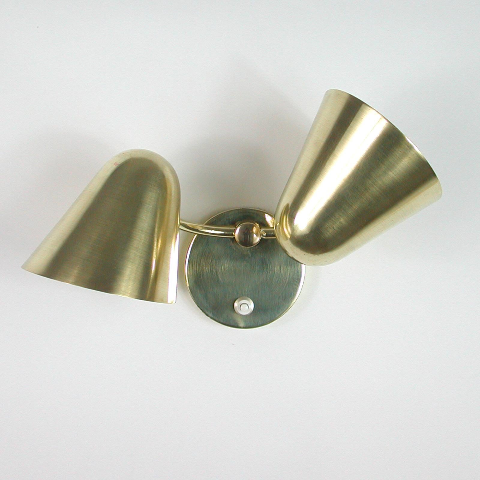 Mid-20th Century Midcentury Jacques Biny Double Cone Brass Wall Light, 1950s