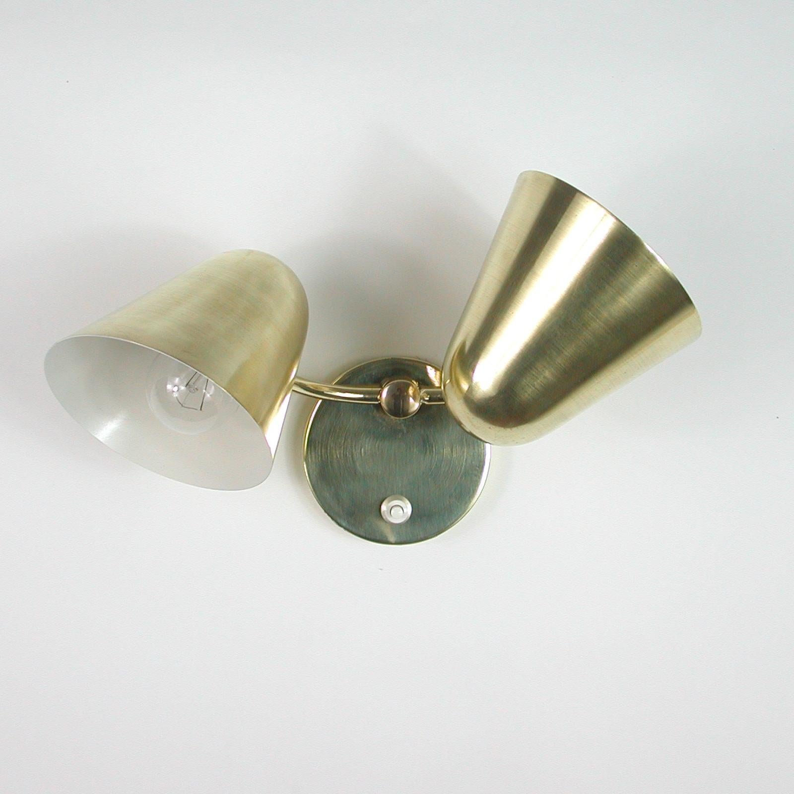 Midcentury Jacques Biny Double Cone Brass Wall Light, 1950s 1
