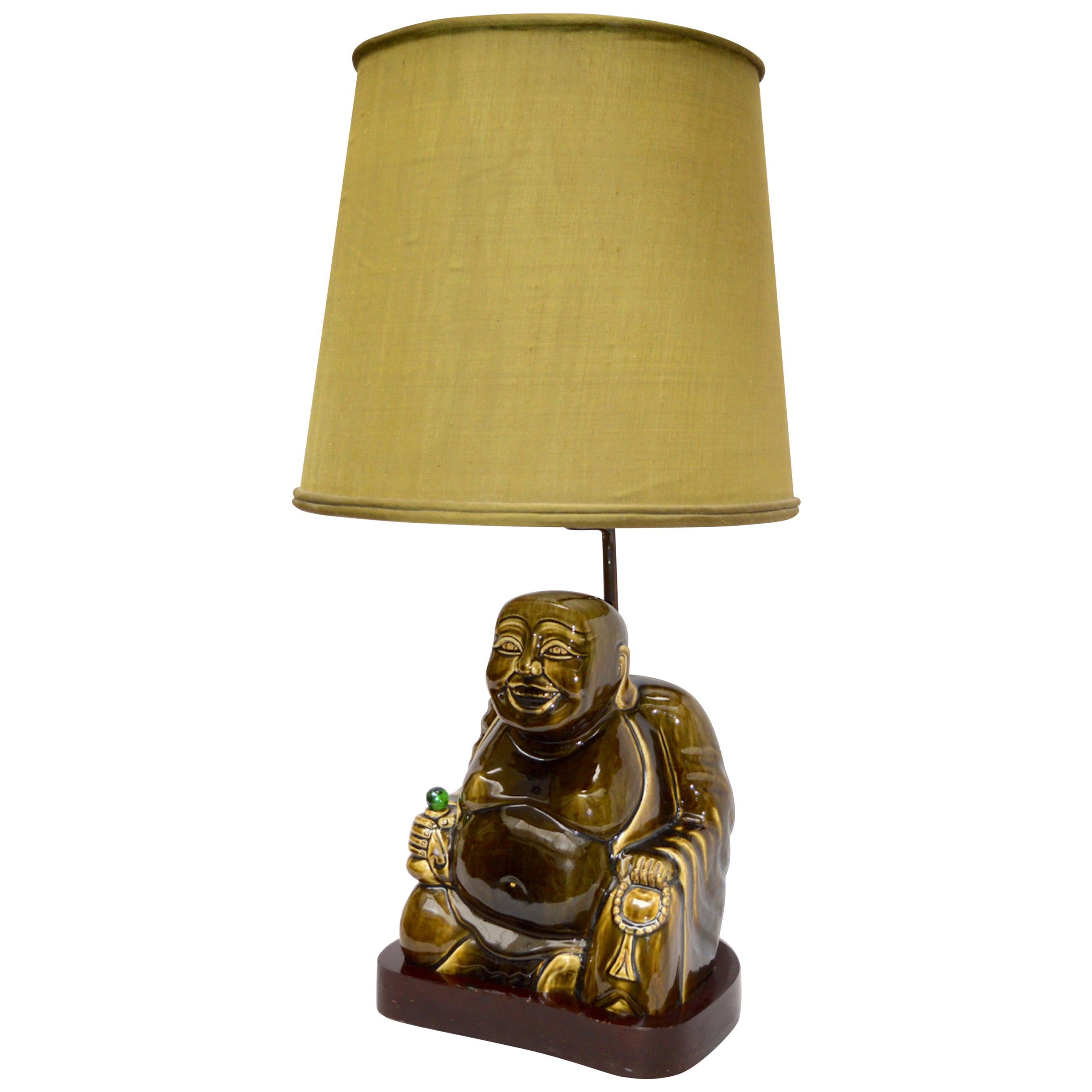 Midcentury Jade Green Porcelain Buddha Table Lamp in the Style of James Mont For Sale