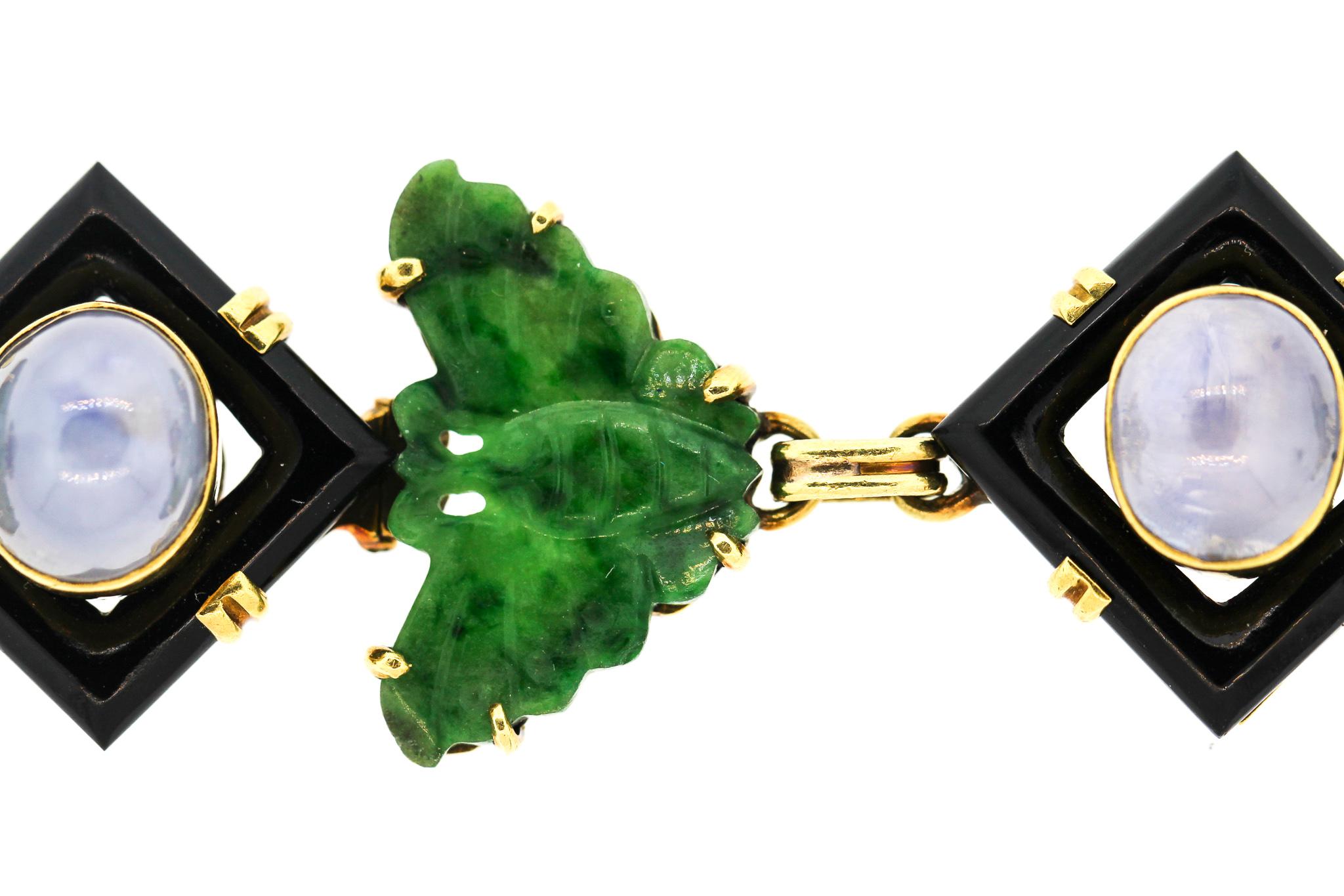 Midcentury Jade Onyx Sapphire 18 Karat Gold Link Bracelet In Good Condition For Sale In New York, NY