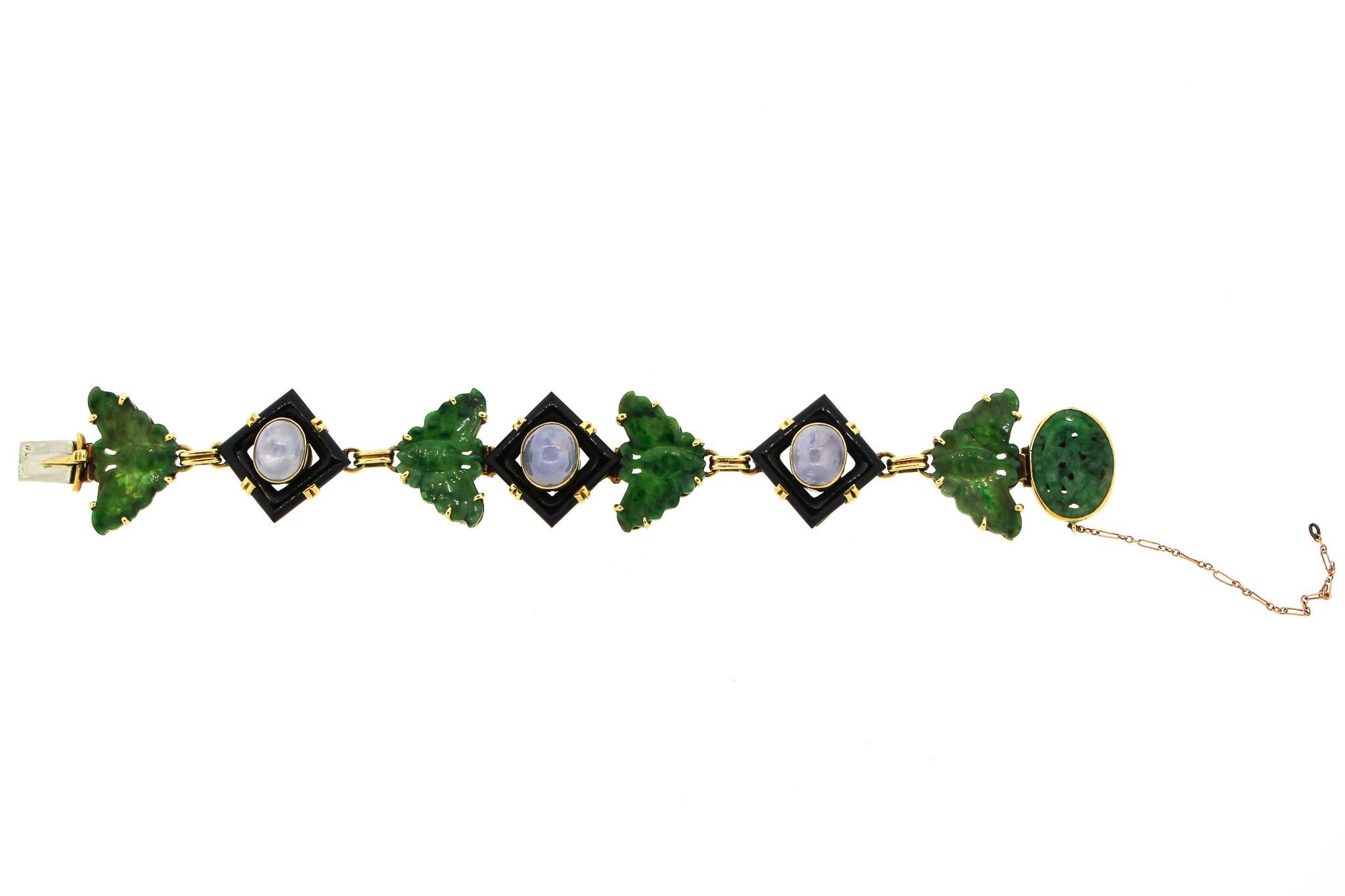 Women's Midcentury Jade Onyx Sapphire 18 Karat Gold Link Bracelet For Sale