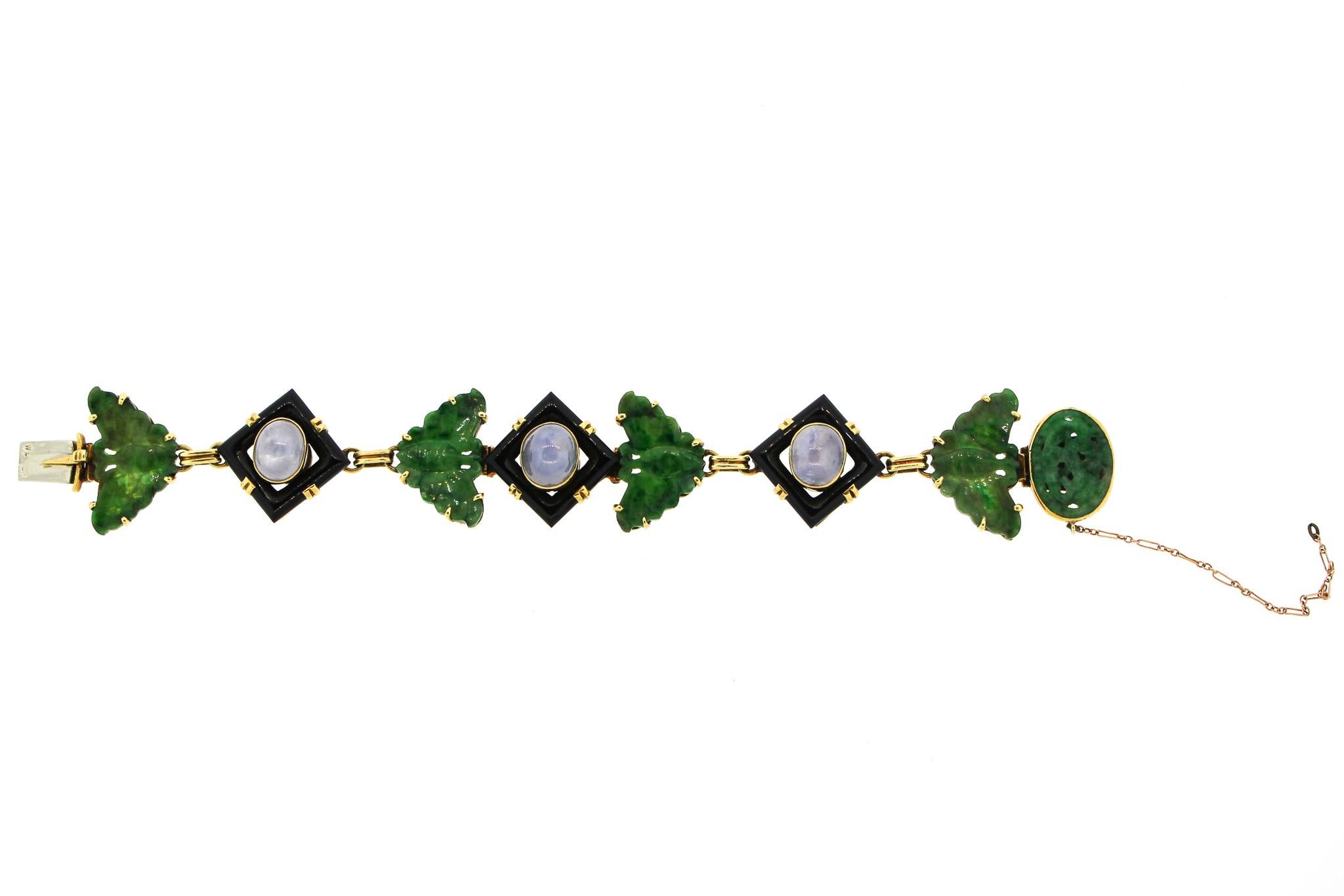 Women's Midcentury Jade Onyx Sapphire 18 Karat Gold Link Bracelet