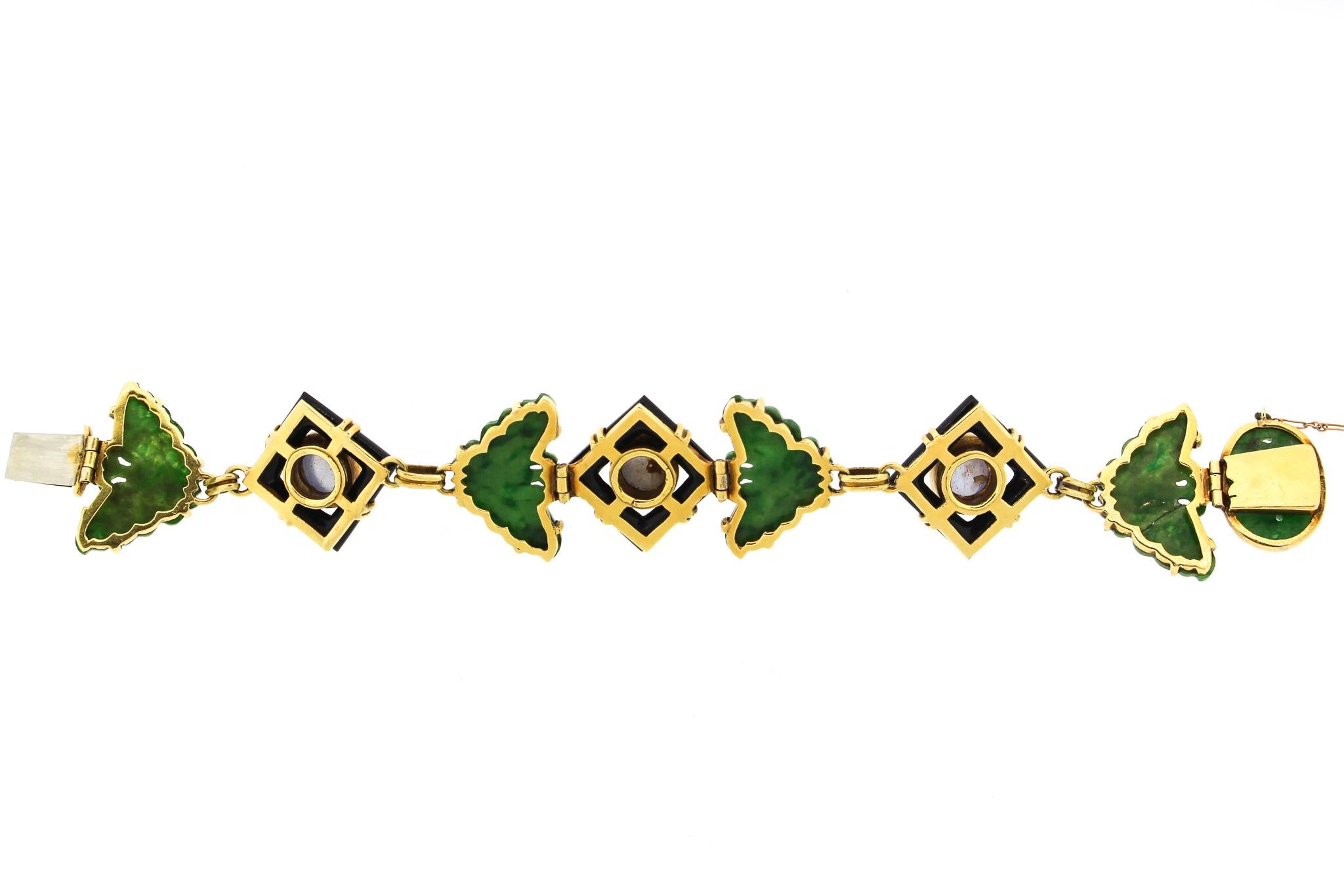 Midcentury Jade Onyx Sapphire 18 Karat Gold Link Bracelet For Sale 2