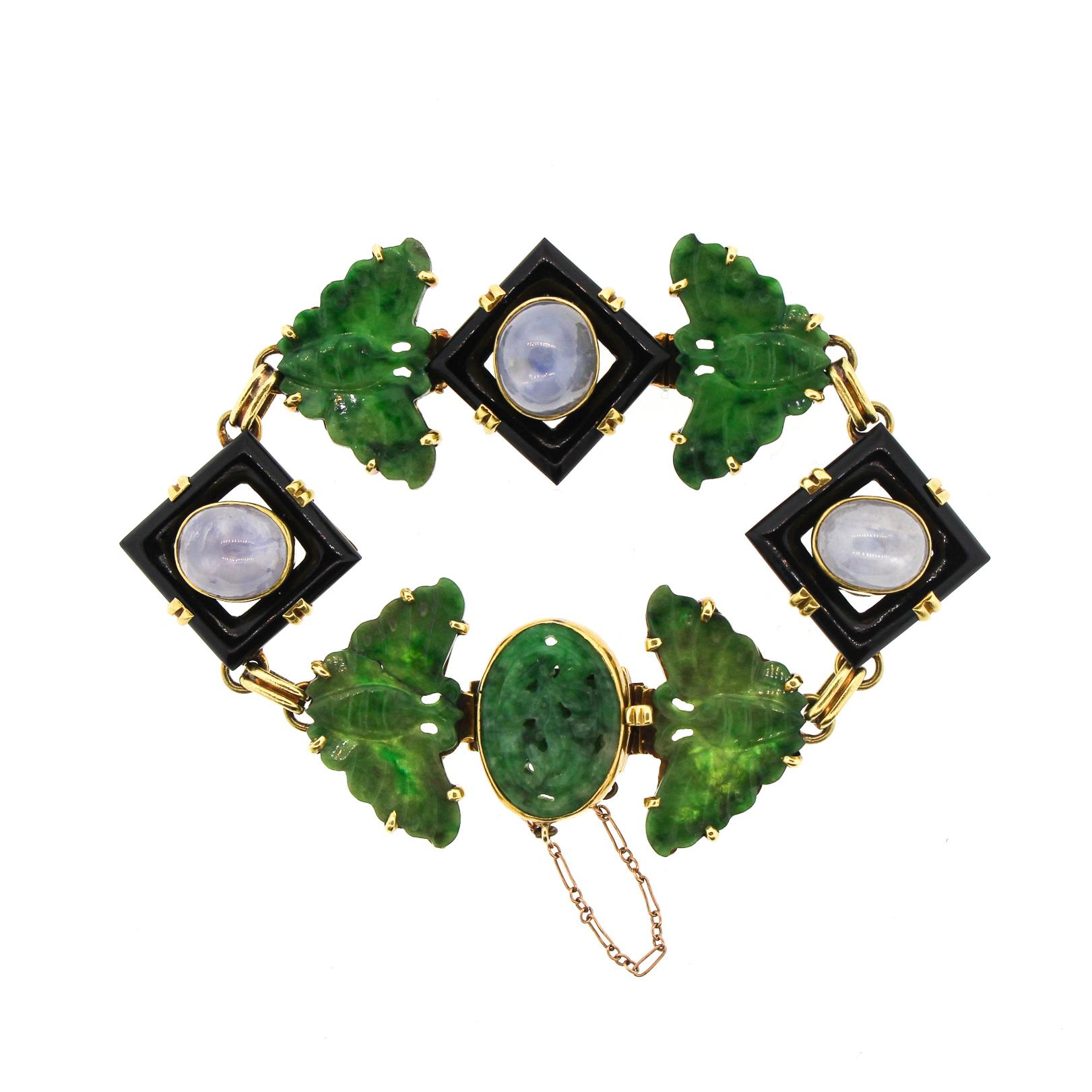 Bracelet à maillons en or 18 carats, jade, onyx et saphirs, milieu du siècle dernier